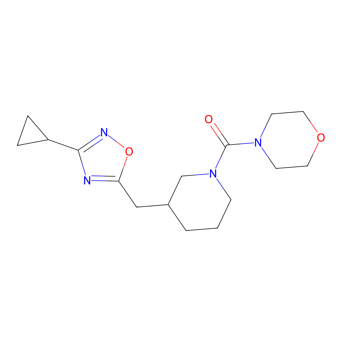 (3-((3-Cyclopropyl-1,2,4-oxadiazol-5-yl)methyl)piperidin-1-yl)(morpholino)methanone molecular structure, CAS 1705214-58-9