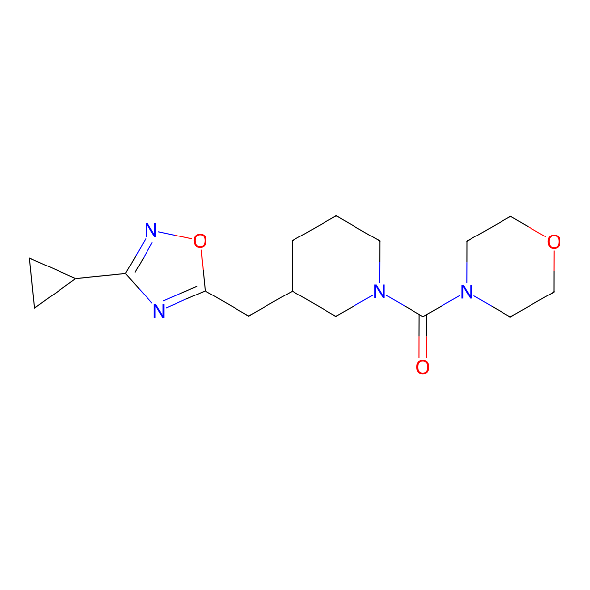 (3-((3-Cyclopropyl-1,2,4-oxadiazol-5-yl)methyl)piperidin-1-yl)(morpholino)methanone molecular structure, CAS 1705214-58-9
