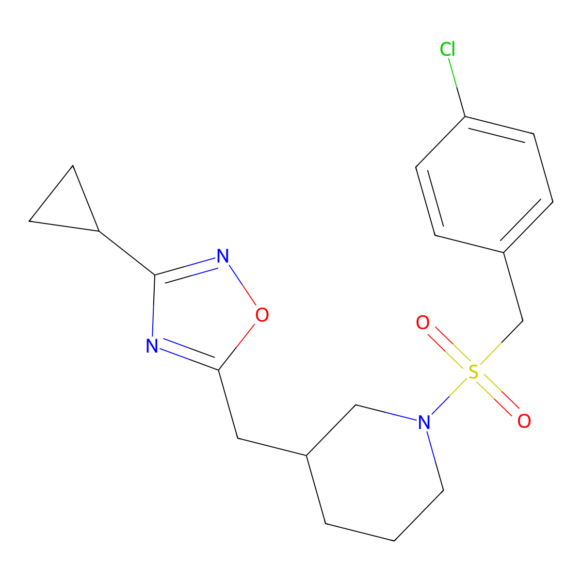 5-((1-((4-Chlorobenzyl)sulfonyl)piperidin-3-yl)methyl)-3-cyclopropyl-1,2,4-oxadiazole molecular structure, CAS 1705214-66-9