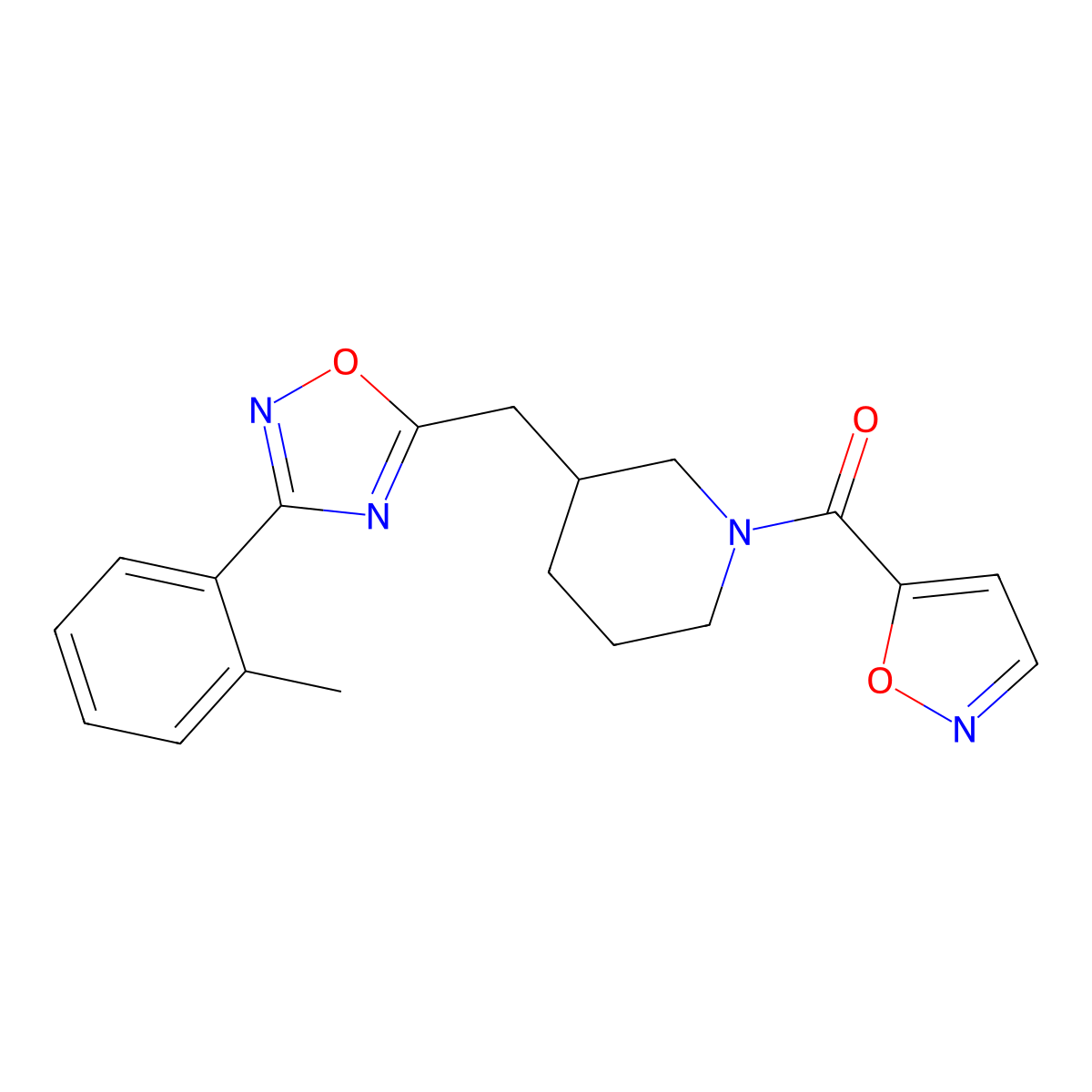Isoxazol-5-yl(3-((3-(o-tolyl)-1,2,4-oxadiazol-5-yl)methyl)piperidin-1-yl)methanone molecular structure, CAS 1705215-05-9