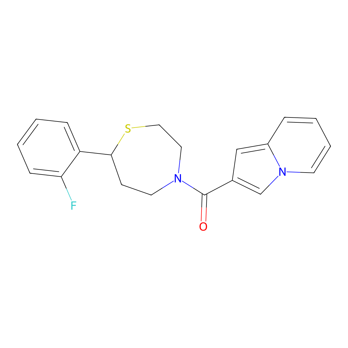 (7-(2-Fluorophenyl)-1,4-thiazepan-4-yl)(indolizin-2-yl)methanone molecular structure, CAS 1705215-59-3