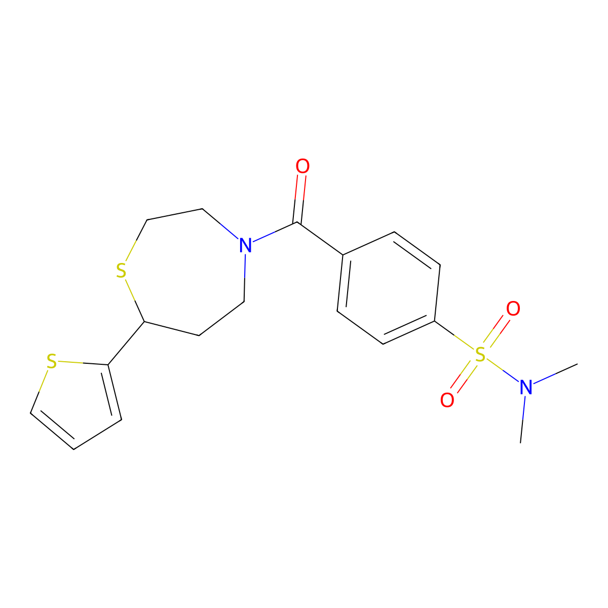 N,N-dimethyl-4-(7-(thiophen-2-yl)-1,4-thiazepane-4-carbonyl)benzenesulfonamide molecular structure, CAS 1705215-67-3