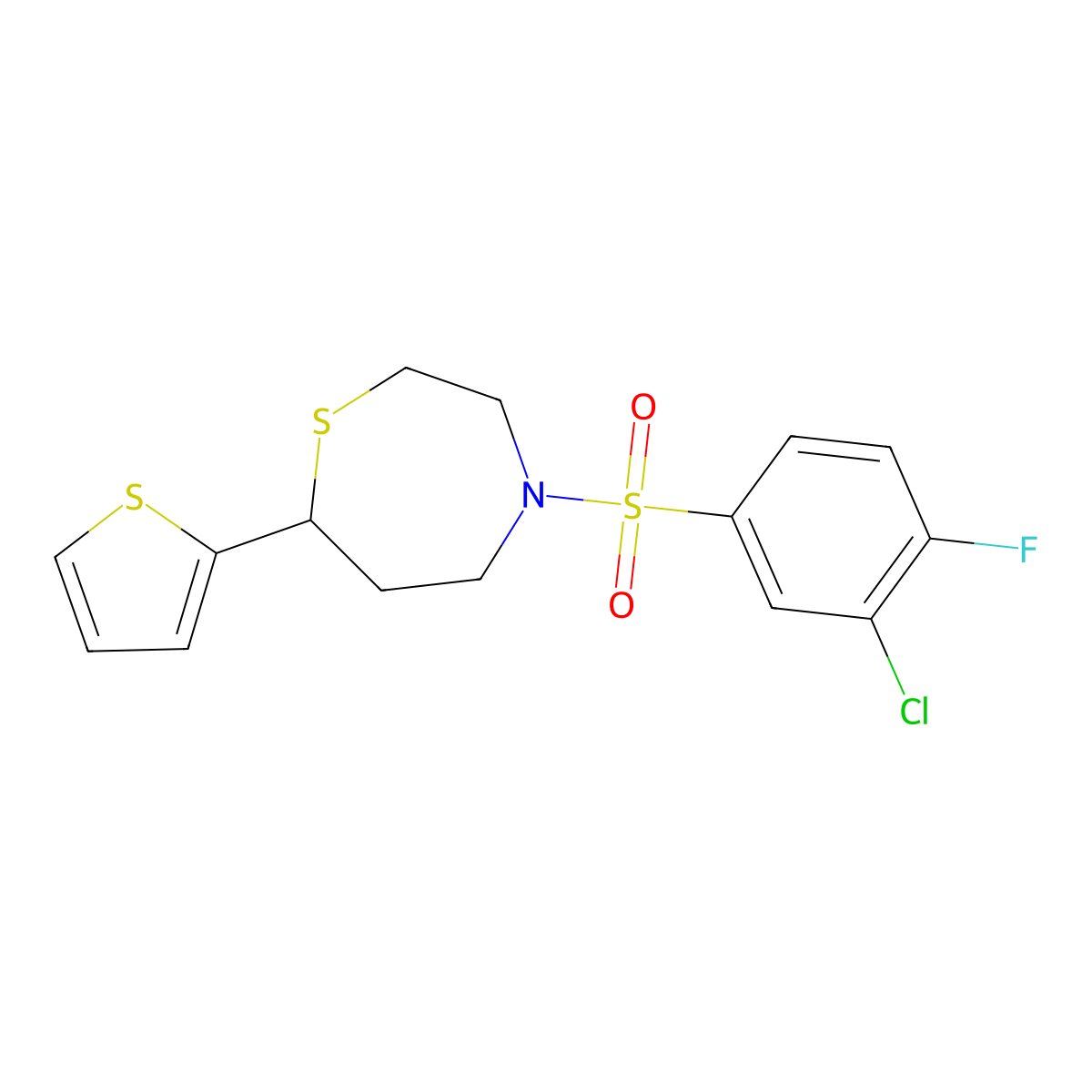 4-((3-Chloro-4-fluorophenyl)sulfonyl)-7-(thiophen-2-yl)-1,4-thiazepane molecular structure, CAS 1705216-41-6