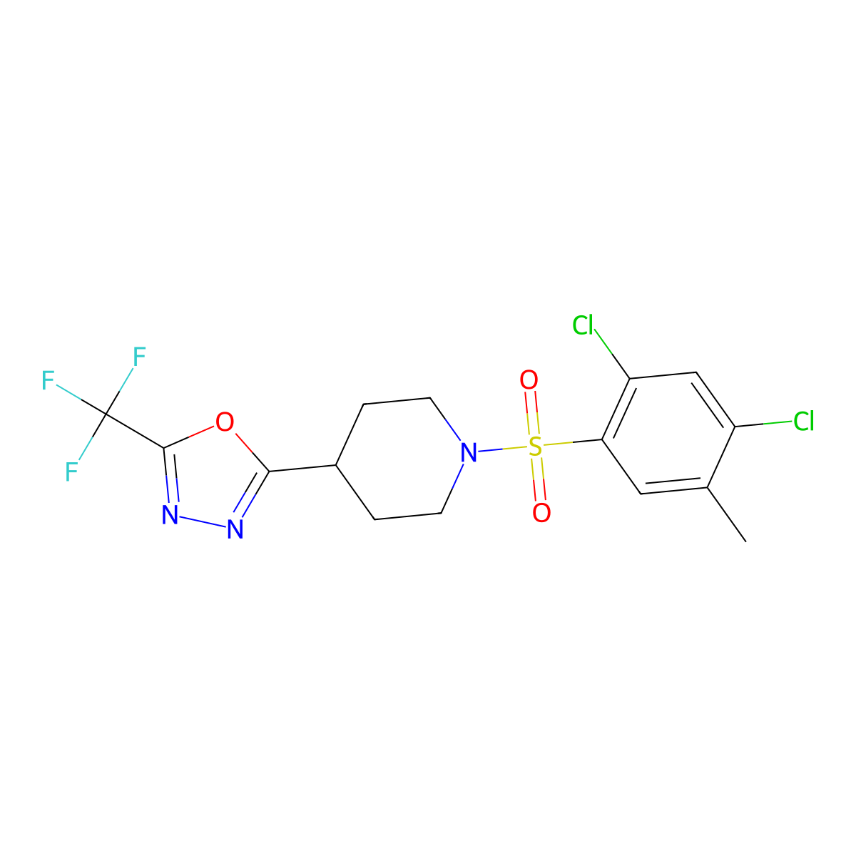 2-(1-((2,4-Dichloro-5-methylphenyl)sulfonyl)piperidin-4-yl)-5-(trifluoromethyl)-1,3,4-oxadiazole molecular structure, CAS 1705217-98-6