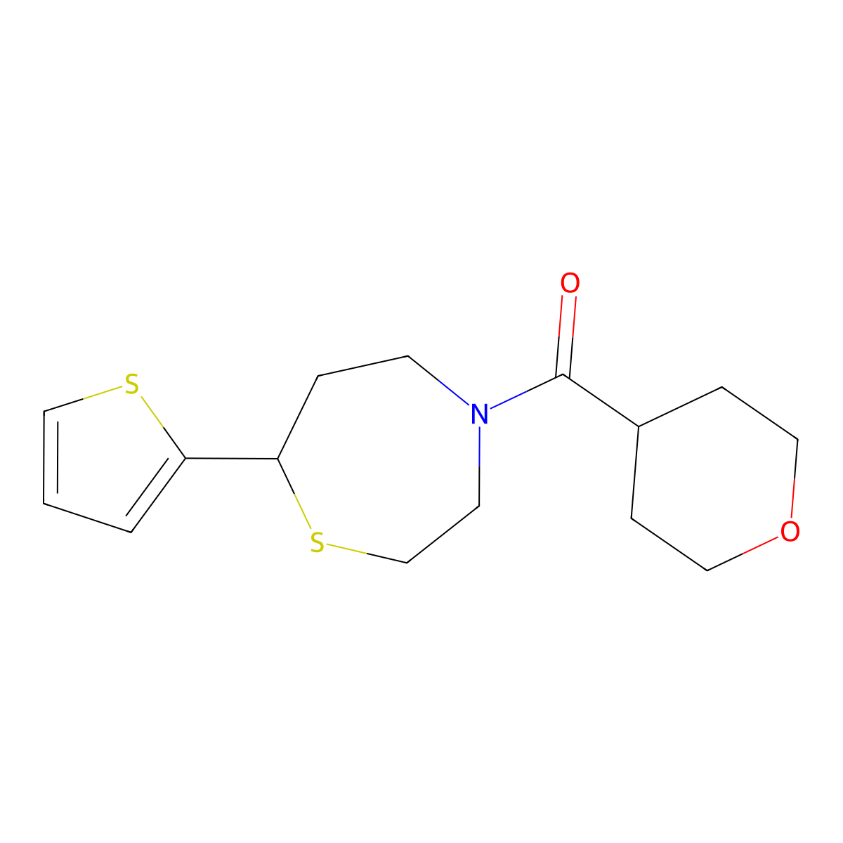 (tetrahydro-2H-pyran-4-yl)(7-(thiophen-2-yl)-1,4-thiazepan-4-yl)methanone molecular structure, CAS 1705218-58-1