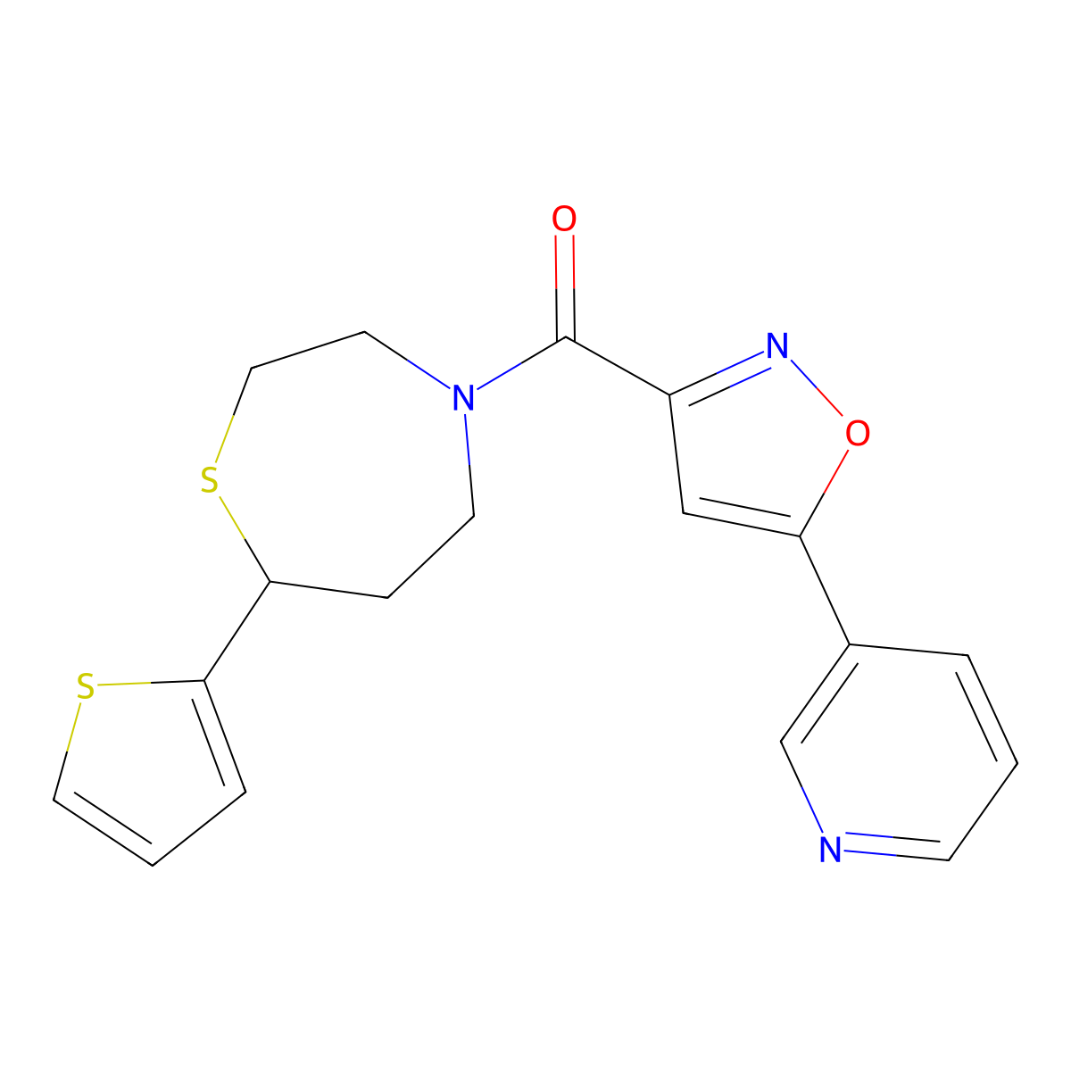 (5-(Pyridin-3-yl)isoxazol-3-yl)(7-(thiophen-2-yl)-1,4-thiazepan-4-yl)methanone molecular structure, CAS 1705218-65-0