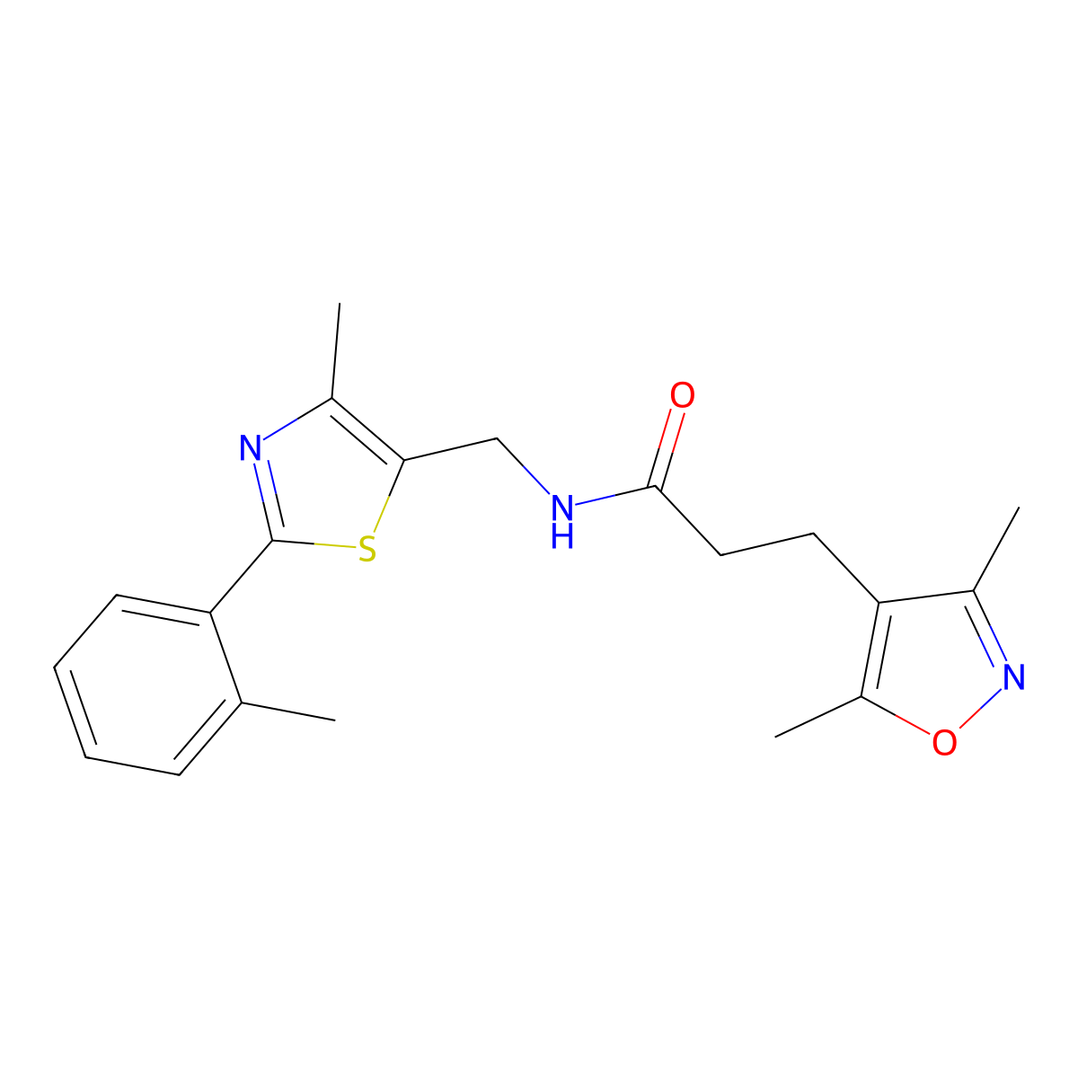 3-(3,5-dimethylisoxazol-4-yl)-N-((4-methyl-2-(o-tolyl)thiazol-5-yl)methyl)propanamide molecular structure, CAS 1705219-04-0