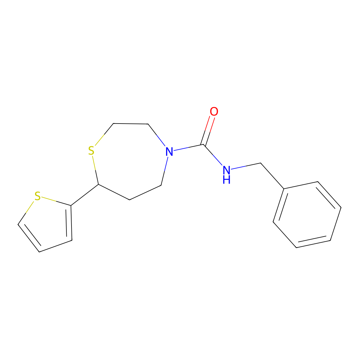 N-benzyl-7-(thiophen-2-yl)-1,4-thiazepane-4-carboxamide molecular structure, CAS 1705219-63-1