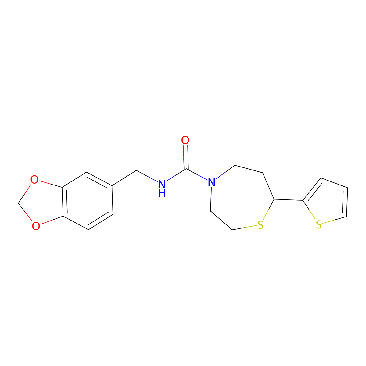 N-(benzo[d][1,3]dioxol-5-ylmethyl)-7-(thiophen-2-yl)-1,4-thiazepane-4-carboxamide molecular structure, CAS 1705219-96-0