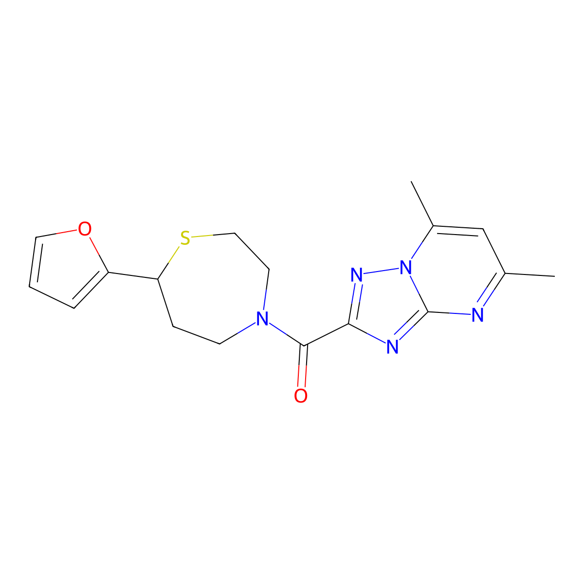 (5,7-Dimethyl-[1,2,4]triazolo[1,5-a]pyrimidin-2-yl)(7-(furan-2-yl)-1,4-thiazepan-4-yl)methanone molecular structure, CAS 1705223-30-8