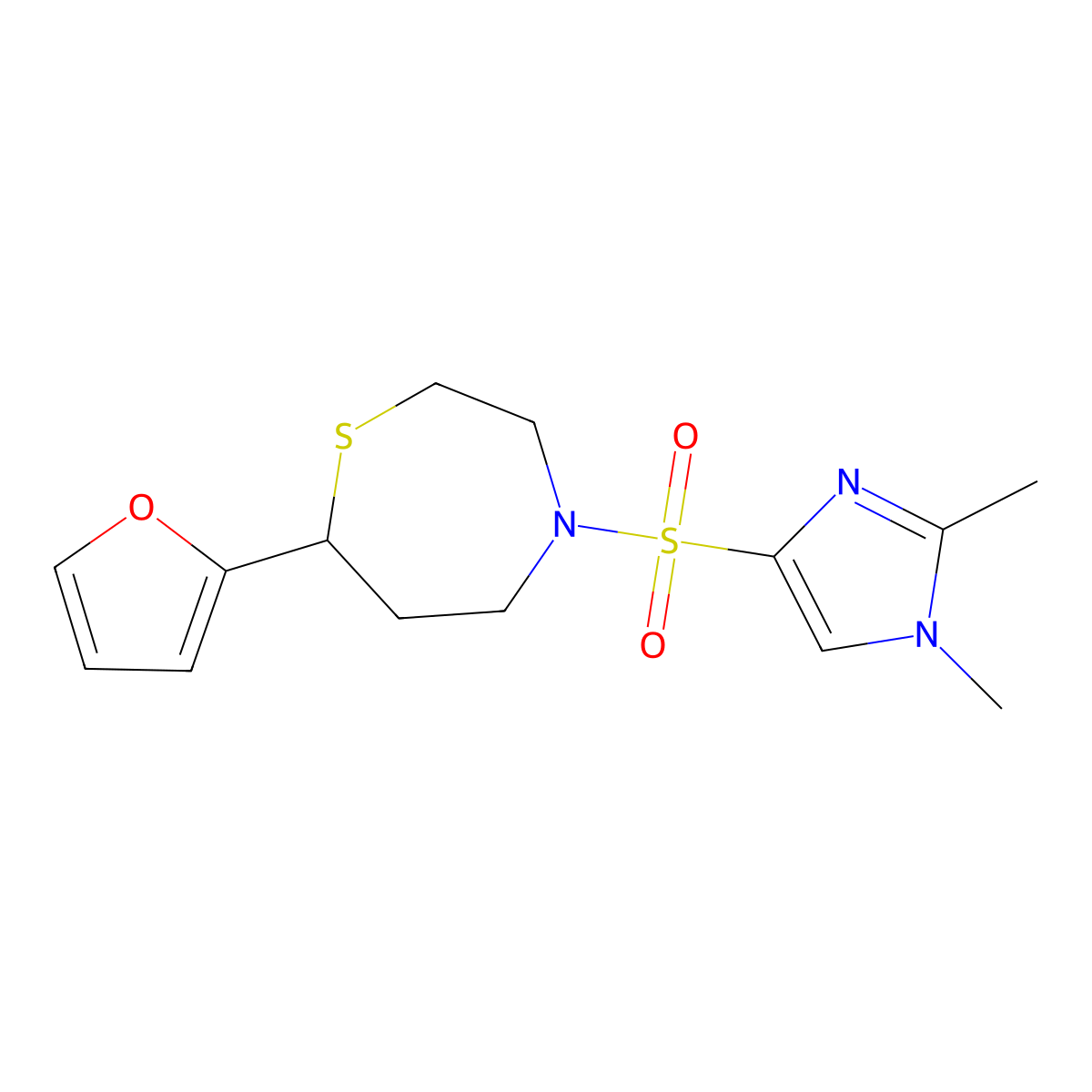 4-((1,2-dimethyl-1H-imidazol-4-yl)sulfonyl)-7-(furan-2-yl)-1,4-thiazepane molecular structure, CAS 1705224-13-0
