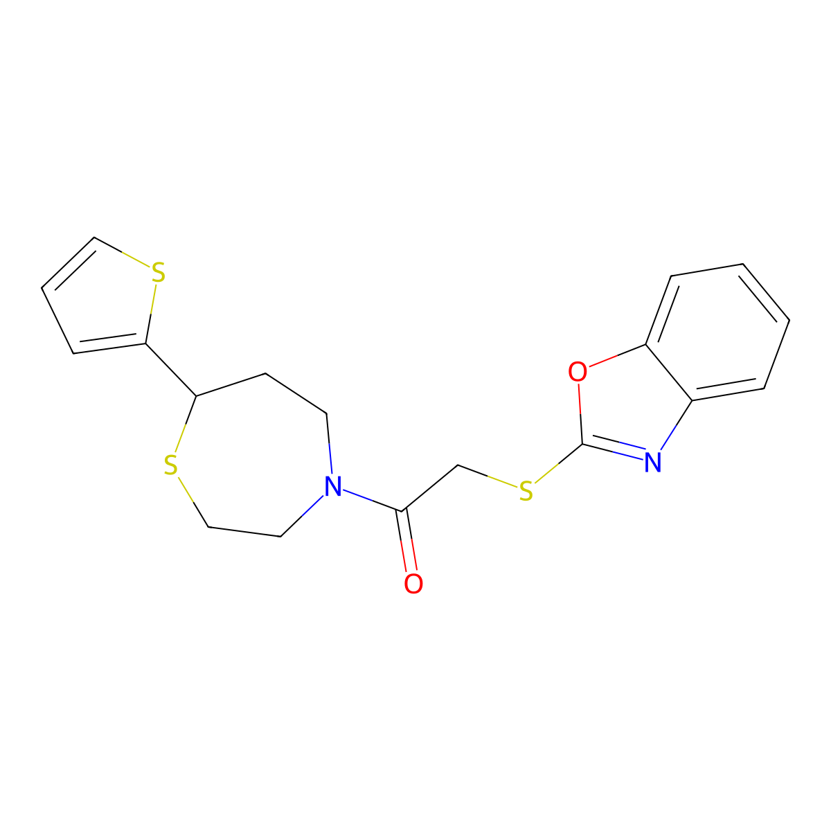 2-(Benzo[d]oxazol-2-ylthio)-1-(7-(thiophen-2-yl)-1,4-thiazepan-4-yl)ethanone molecular structure, CAS 1705224-18-5
