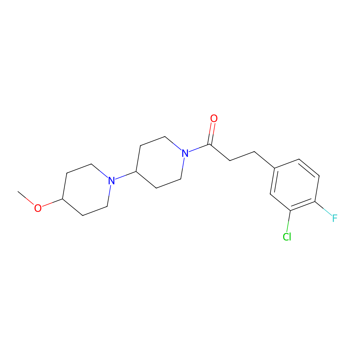 3-(3-Chloro-4-fluorophenyl)-1-{4-methoxy-[1,4'-bipiperidine]-1'-yl}propan-1-one molecular structure, CAS 1705235-74-0