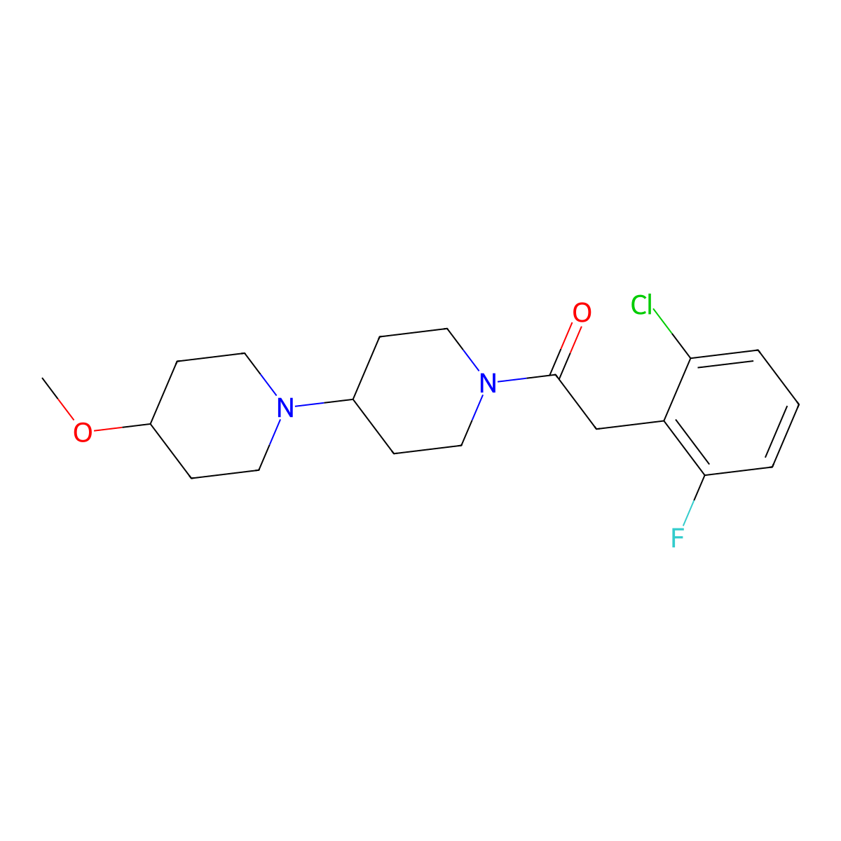 2-(2-Chloro-6-fluorophenyl)-1-{4-methoxy-[1,4'-bipiperidine]-1'-yl}ethan-1-one molecular structure, CAS 1705235-95-5