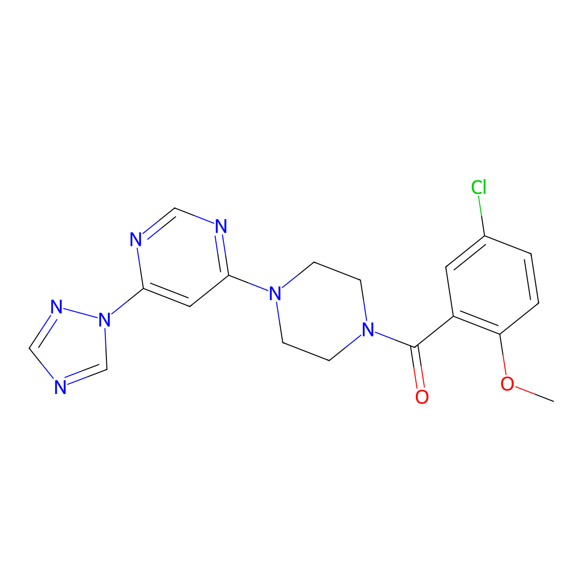 (4-(6-(1H-1,2,4-triazol-1-yl)pyrimidin-4-yl)piperazin-1-yl)(5-chloro-2-methoxyphenyl)methanone molecular structure, CAS 1705238-42-1