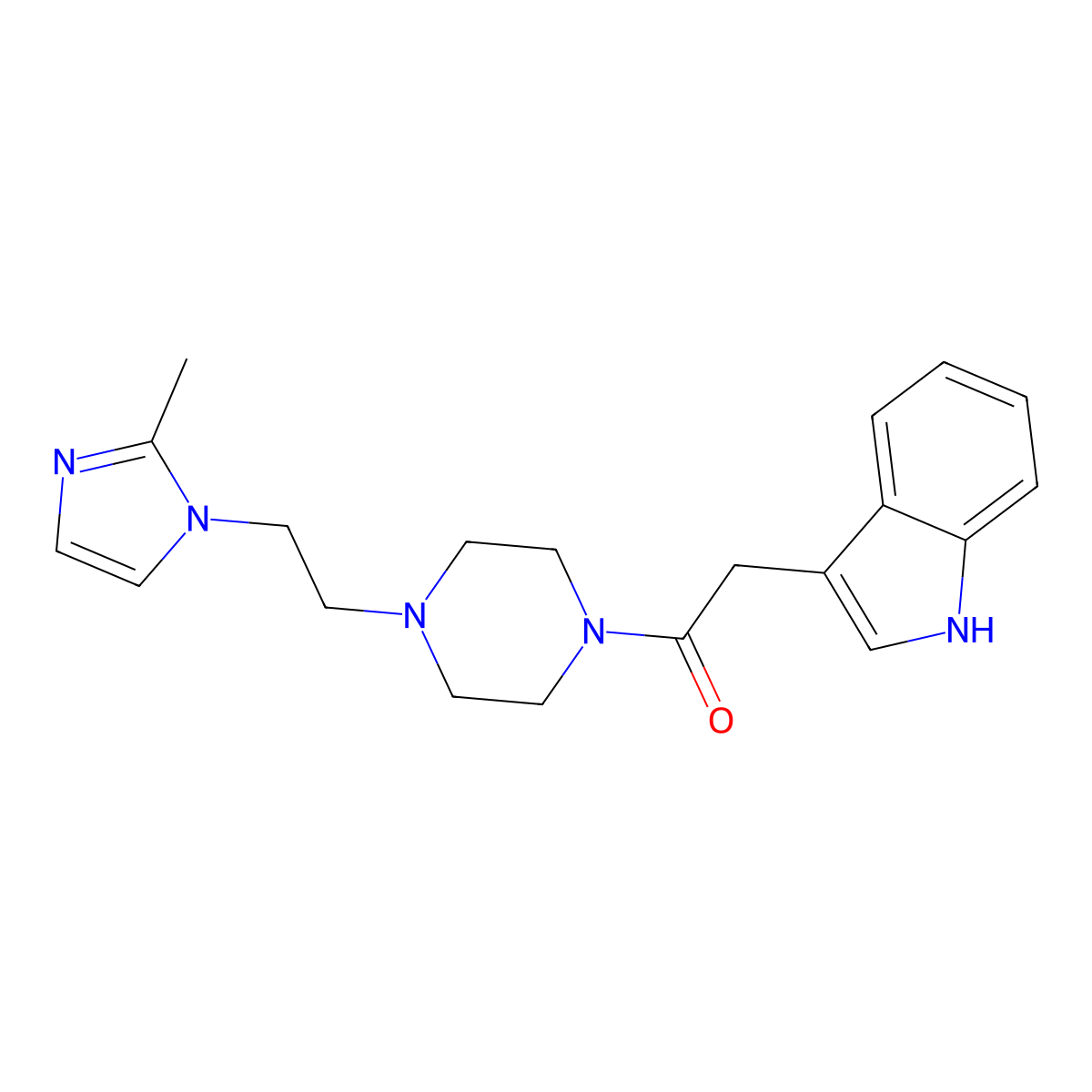 2-(1H-indol-3-yl)-1-(4-(2-(2-methyl-1H-imidazol-1-yl)ethyl)piperazin-1-yl)ethanone molecular structure, CAS 1705238-87-4