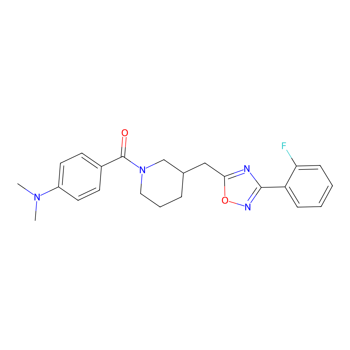 (4-(Dimethylamino)phenyl)(3-((3-(2-fluorophenyl)-1,2,4-oxadiazol-5-yl)methyl)piperidin-1-yl)methanone molecular structure, CAS 1705242-89-2