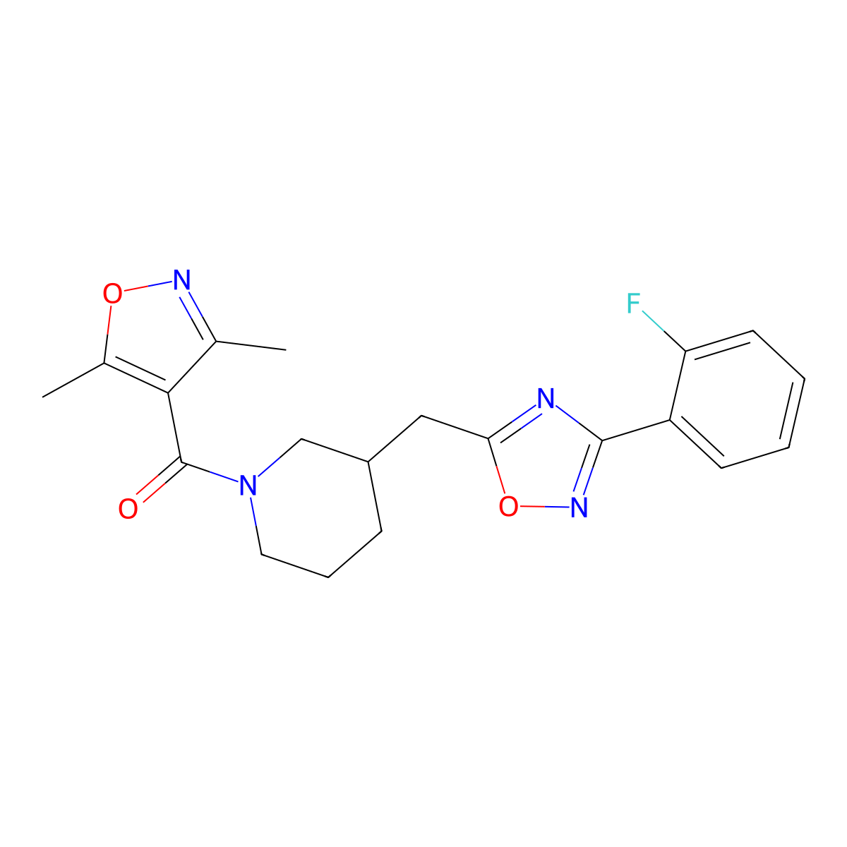 (3,5-Dimethylisoxazol-4-yl)(3-((3-(2-fluorophenyl)-1,2,4-oxadiazol-5-yl)methyl)piperidin-1-yl)methanone molecular structure, CAS 1705242-91-6