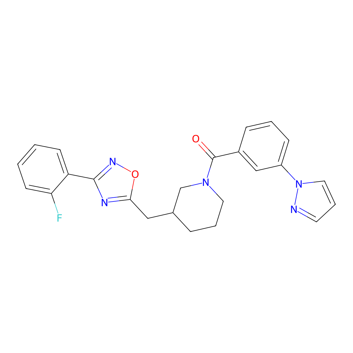(3-(1H-pyrazol-1-yl)phenyl)(3-((3-(2-fluorophenyl)-1,2,4-oxadiazol-5-yl)methyl)piperidin-1-yl)methanone molecular structure, CAS 1705242-94-9