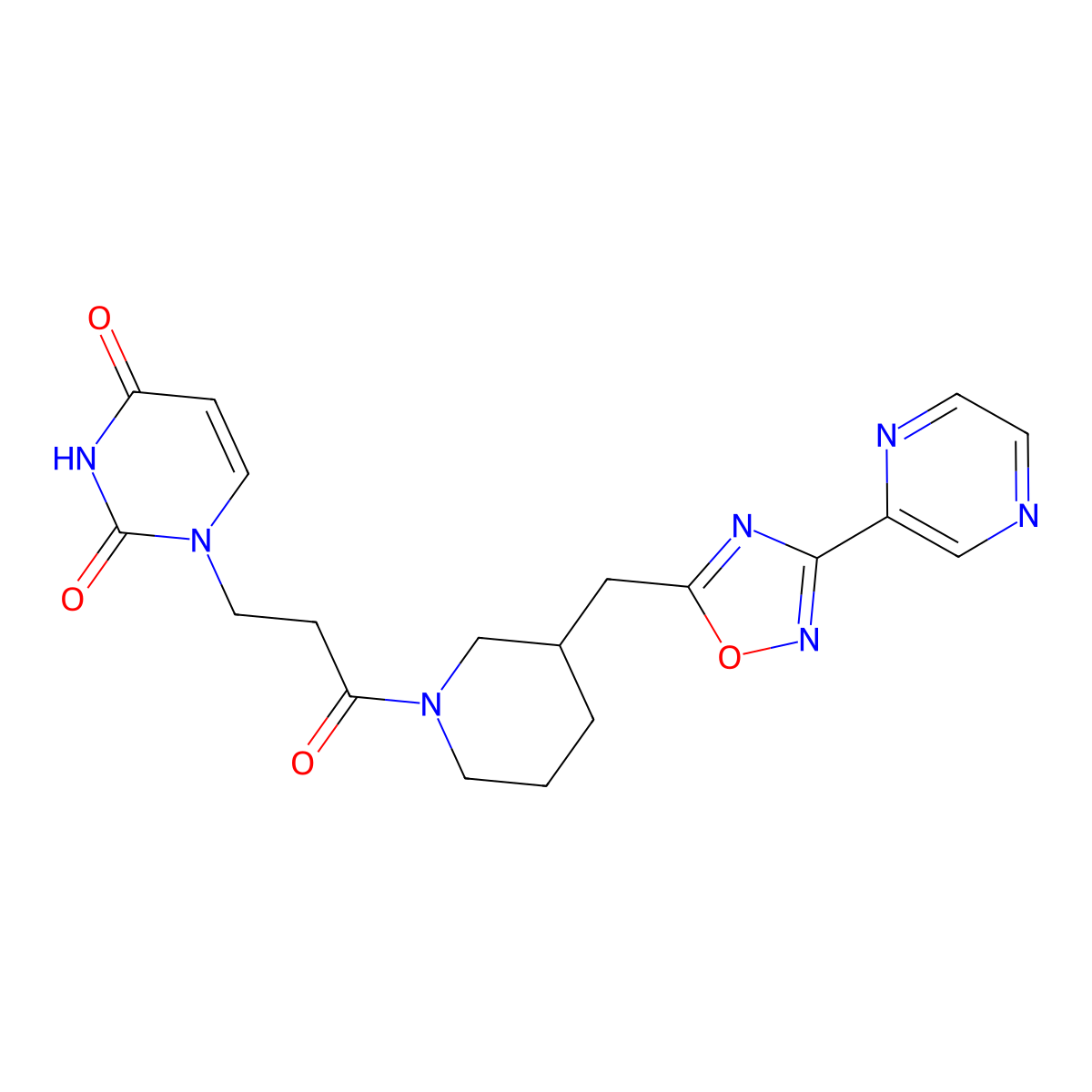 1-(3-oxo-3-(3-((3-(pyrazin-2-yl)-1,2,4-oxadiazol-5-yl)methyl)piperidin-1-yl)propyl)pyrimidine-2,4(1H,3H)-dione molecular structure, CAS 1705243-10-2