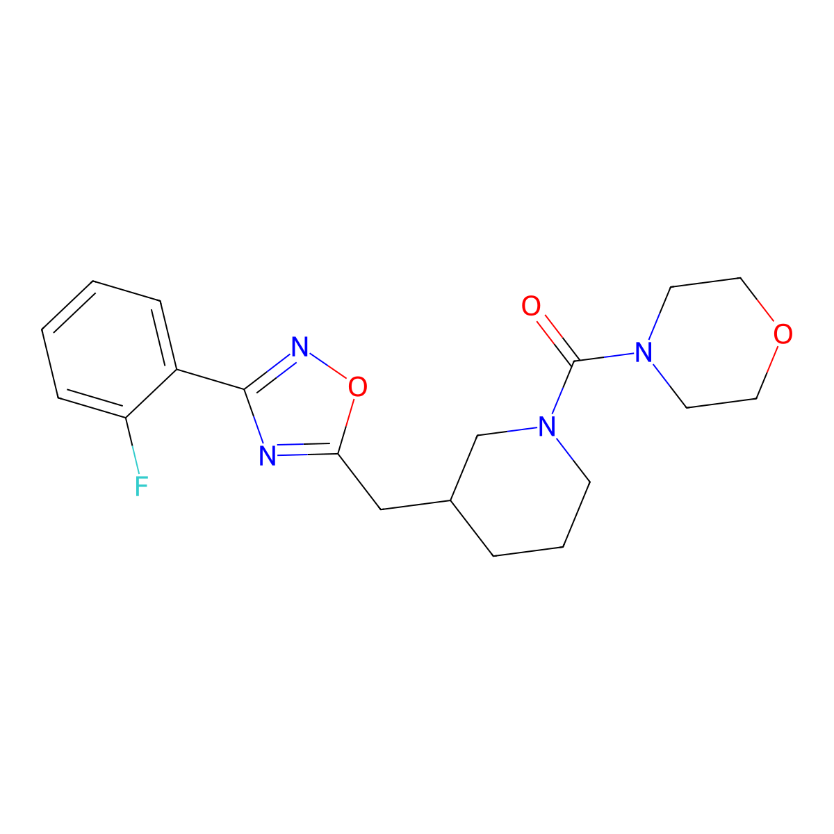(3-((3-(2-Fluorophenyl)-1,2,4-oxadiazol-5-yl)methyl)piperidin-1-yl)(morpholino)methanone molecular structure, CAS 1705243-39-5
