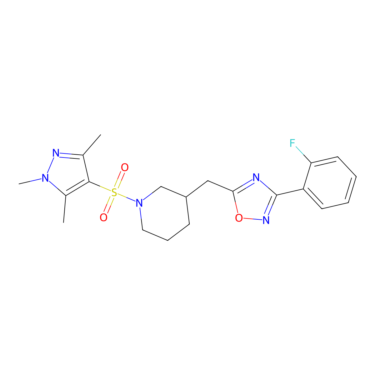 3-(2-fluorophenyl)-5-((1-((1,3,5-trimethyl-1H-pyrazol-4-yl)sulfonyl)piperidin-3-yl)methyl)-1,2,4-oxadiazole molecular structure, CAS 1705243-53-3