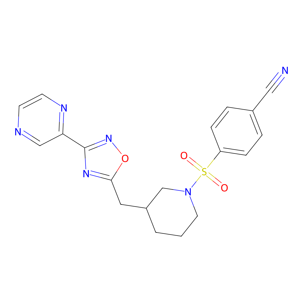 4-((3-((3-(Pyrazin-2-yl)-1,2,4-oxadiazol-5-yl)methyl)piperidin-1-yl)sulfonyl)benzonitrile molecular structure, CAS 1705243-56-6