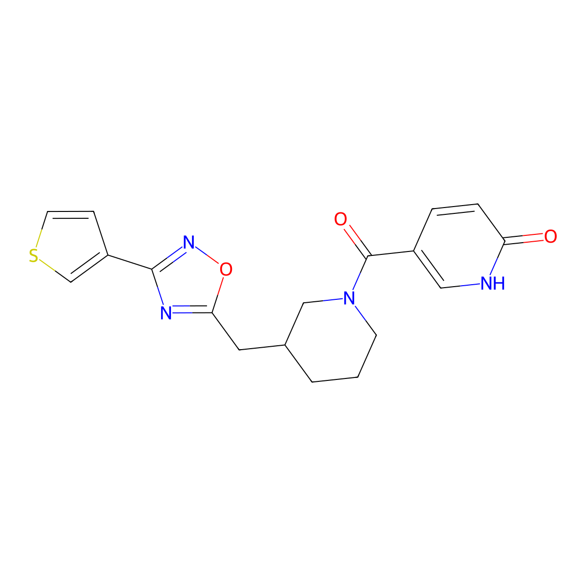 5-(3-((3-(thiophen-3-yl)-1,2,4-oxadiazol-5-yl)methyl)piperidine-1-carbonyl)pyridin-2(1H)-one molecular structure, CAS 1705243-68-0