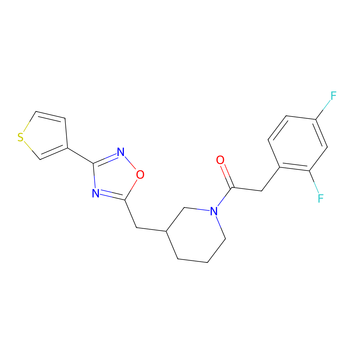 2-(2,4-Difluorophenyl)-1-(3-((3-(thiophen-3-yl)-1,2,4-oxadiazol-5-yl)methyl)piperidin-1-yl)ethanone molecular structure, CAS 1705243-88-4
