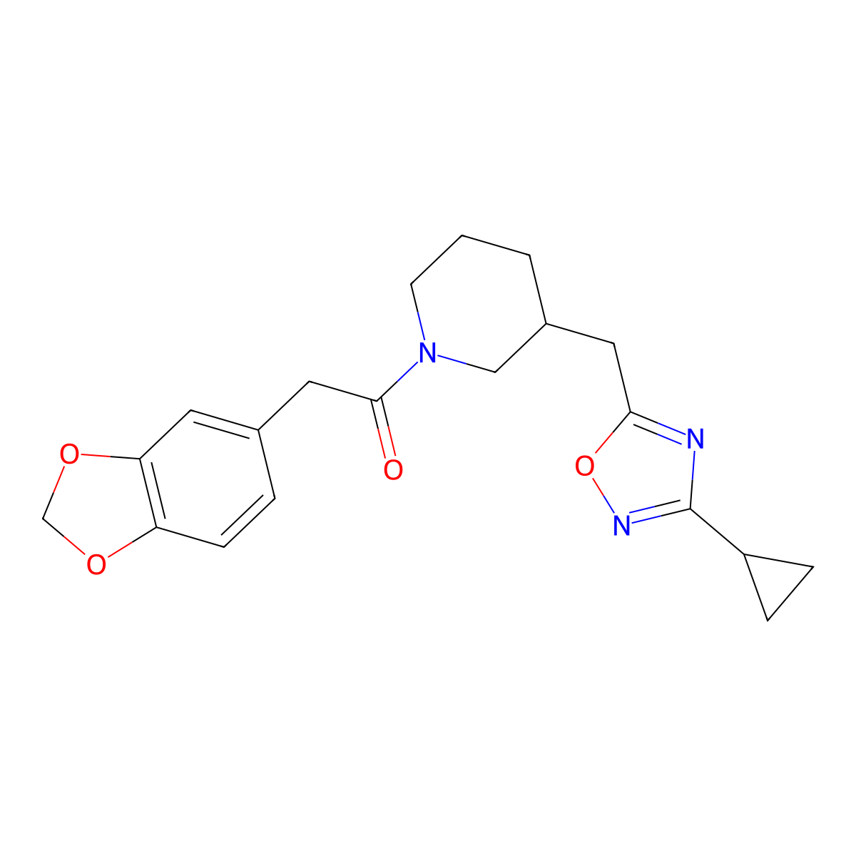2-(Benzo[d][1,3]dioxol-5-yl)-1-(3-((3-cyclopropyl-1,2,4-oxadiazol-5-yl)methyl)piperidin-1-yl)ethanone molecular structure, CAS 1705244-13-8