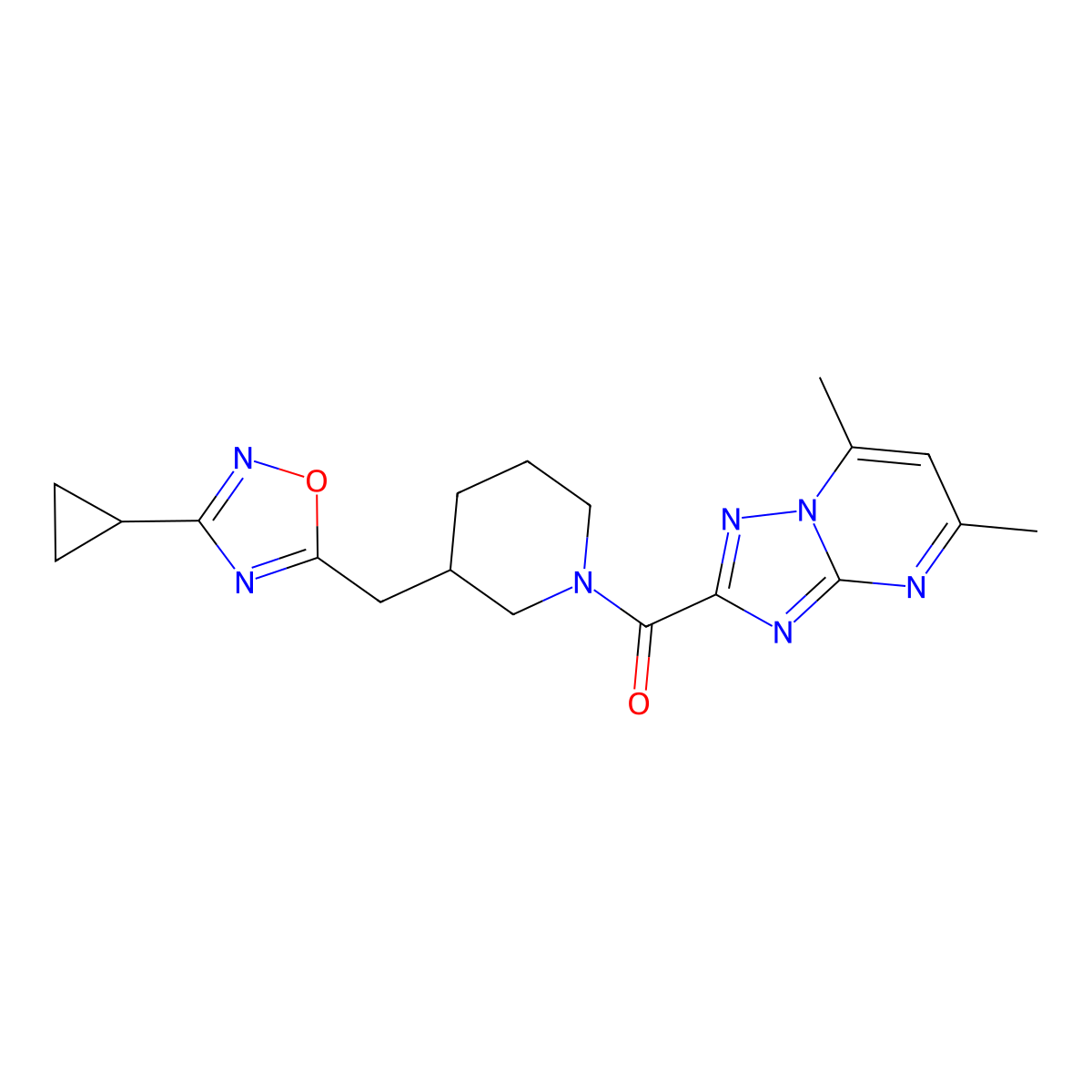 (3-((3-Cyclopropyl-1,2,4-oxadiazol-5-yl)methyl)piperidin-1-yl)(5,7-dimethyl-[1,2,4]triazolo[1,5-a]pyrimidin-2-yl)methanone molecular structure, CAS 1705244-25-2