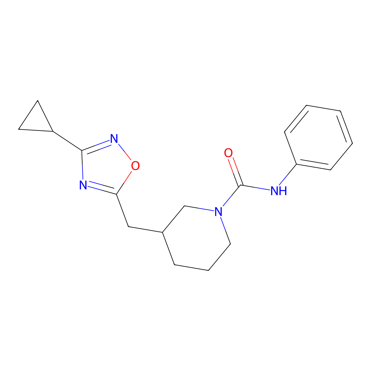3-[(3-cyclopropyl-1,2,4-oxadiazol-5-yl)methyl]-N-phenylpiperidine-1-carboxamide molecular structure, CAS 1705244-37-6
