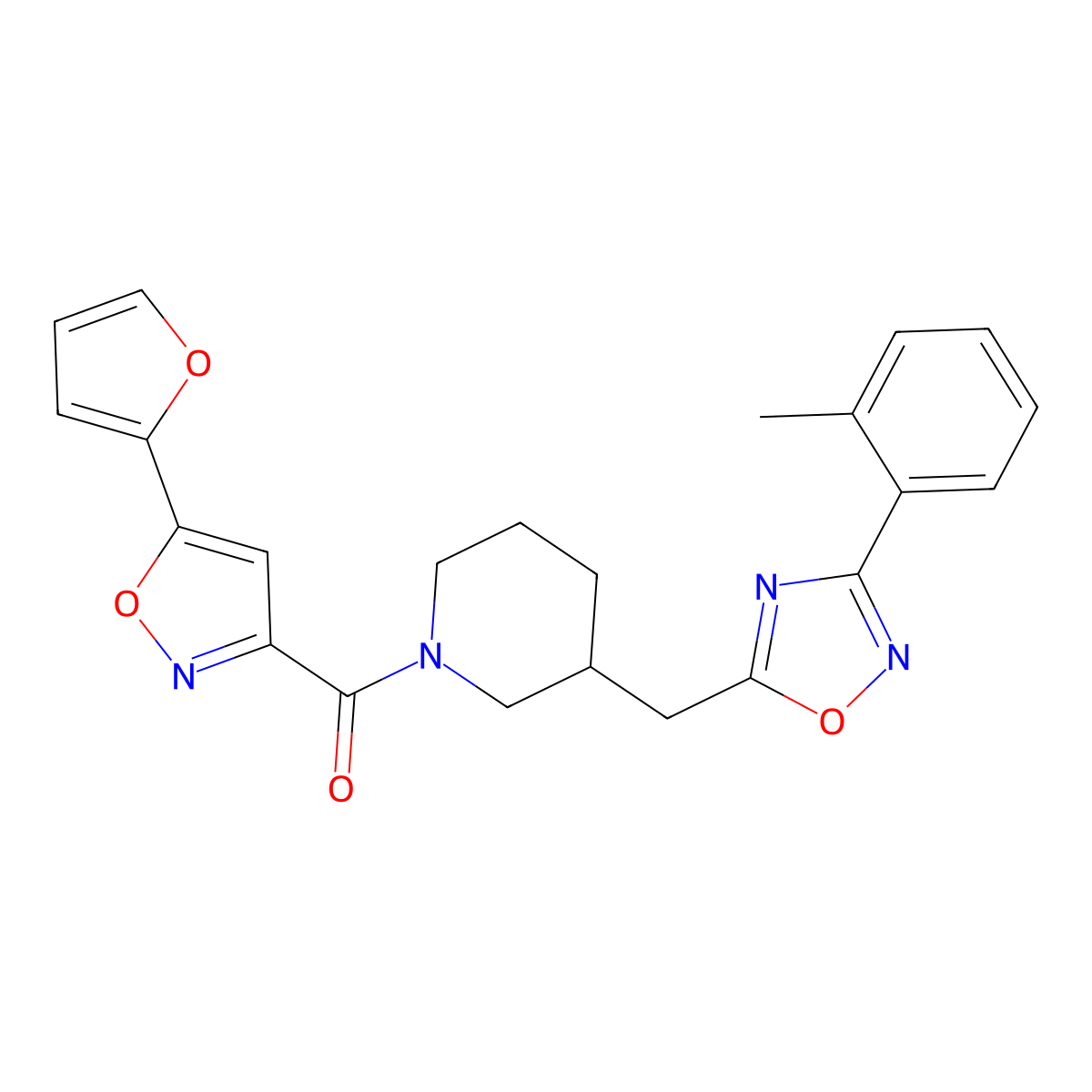 (5-(Furan-2-yl)isoxazol-3-yl)(3-((3-(o-tolyl)-1,2,4-oxadiazol-5-yl)methyl)piperidin-1-yl)methanone molecular structure, CAS 1705244-98-9