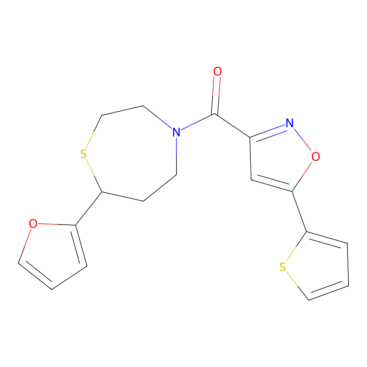(7-(Furan-2-yl)-1,4-thiazepan-4-yl)(5-(thiophen-2-yl)isoxazol-3-yl)methanone molecular structure, CAS 1705245-15-3