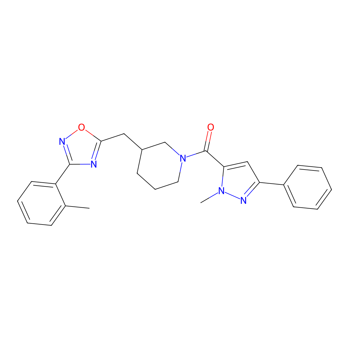 (1-methyl-3-phenyl-1H-pyrazol-5-yl)(3-((3-(o-tolyl)-1,2,4-oxadiazol-5-yl)methyl)piperidin-1-yl)methanone molecular structure, CAS 1705245-24-4