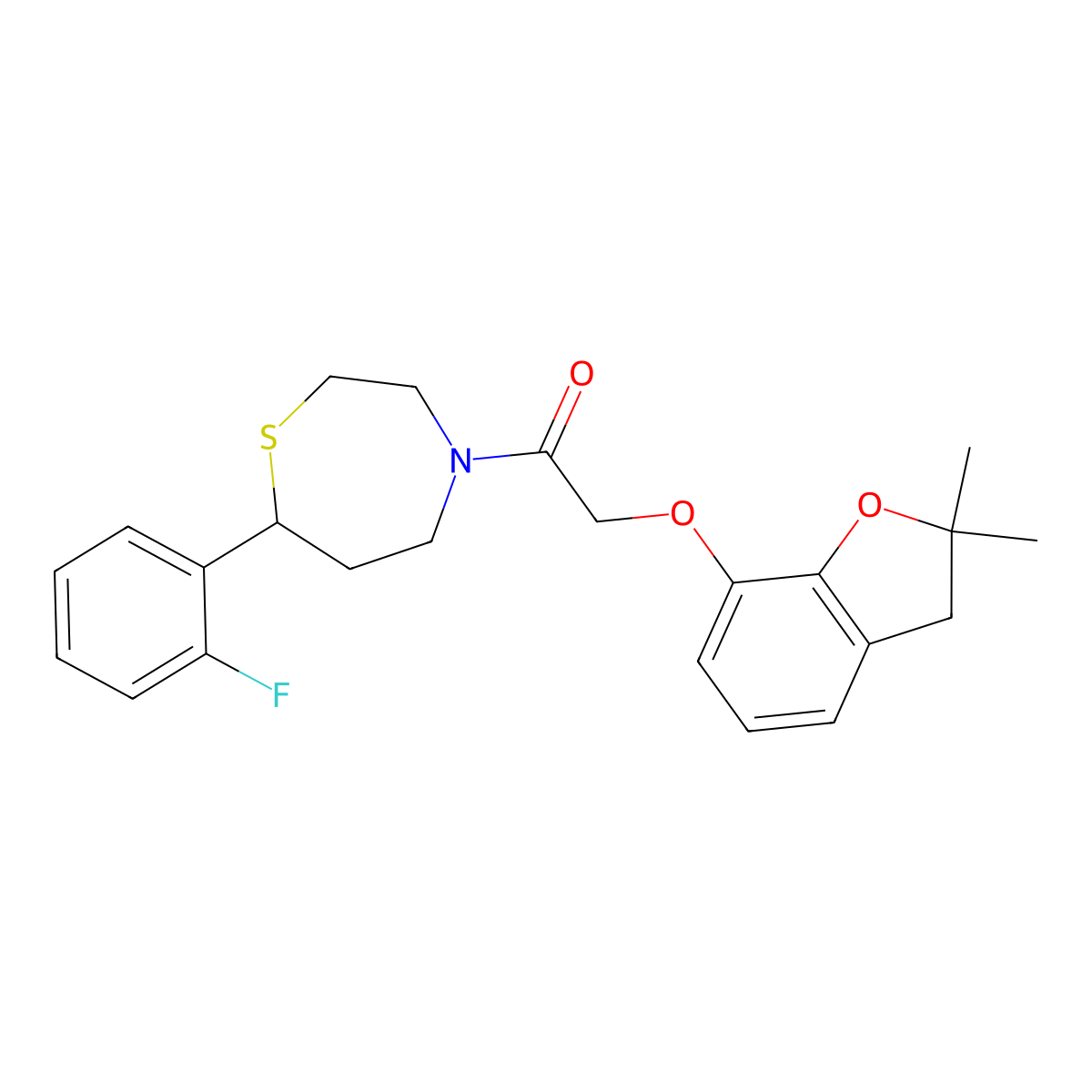 2-((2,2-Dimethyl-2,3-dihydrobenzofuran-7-yl)oxy)-1-(7-(2-fluorophenyl)-1,4-thiazepan-4-yl)ethanone molecular structure, CAS 1705245-64-2