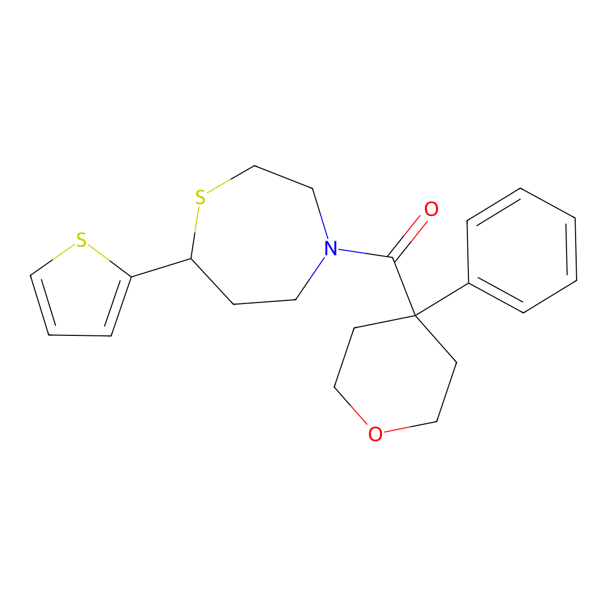 (4-phenyltetrahydro-2H-pyran-4-yl)(7-(thiophen-2-yl)-1,4-thiazepan-4-yl)methanone molecular structure, CAS 1705245-88-0