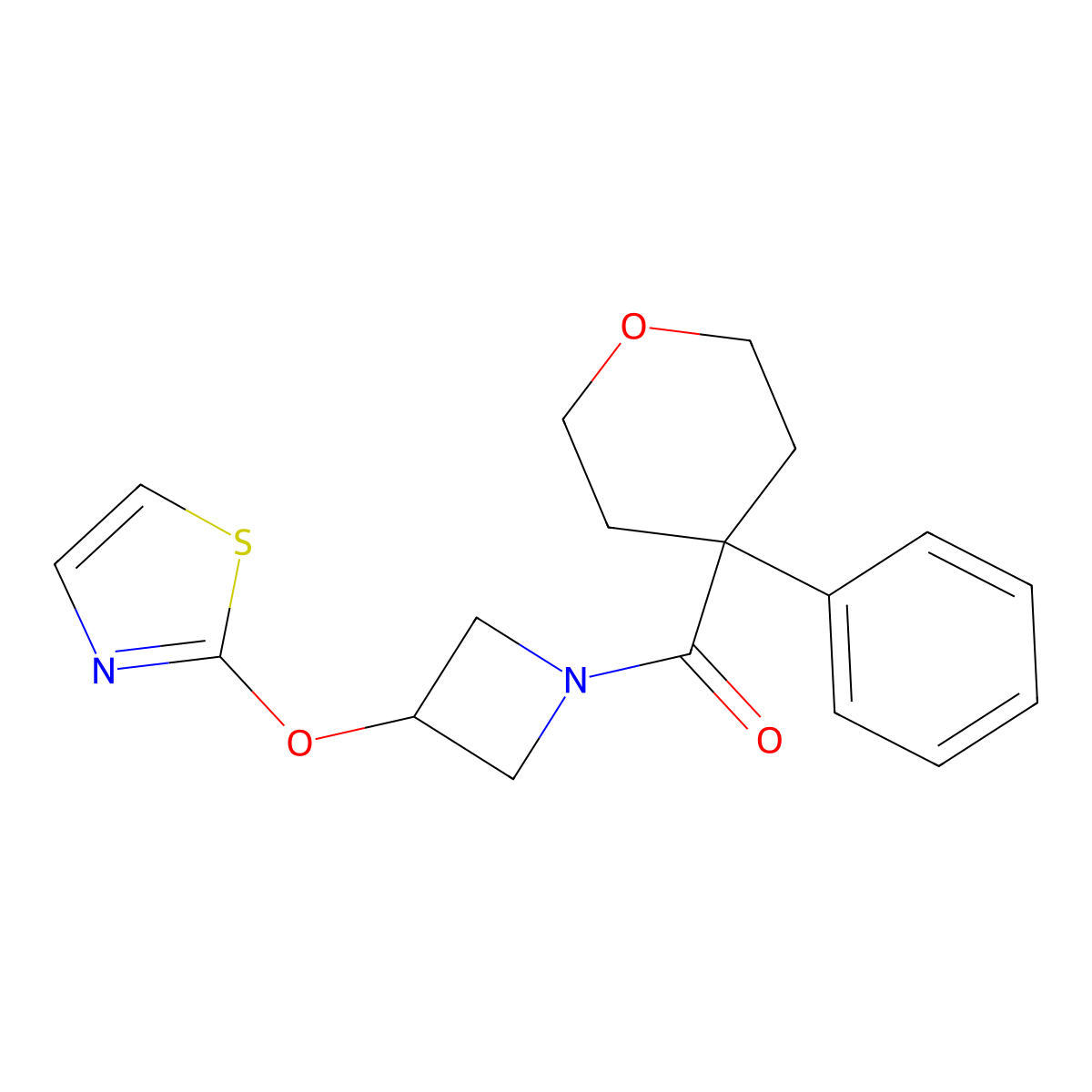 (4-phenyltetrahydro-2H-pyran-4-yl)(3-(thiazol-2-yloxy)azetidin-1-yl)methanone molecular structure, CAS 1705245-89-1