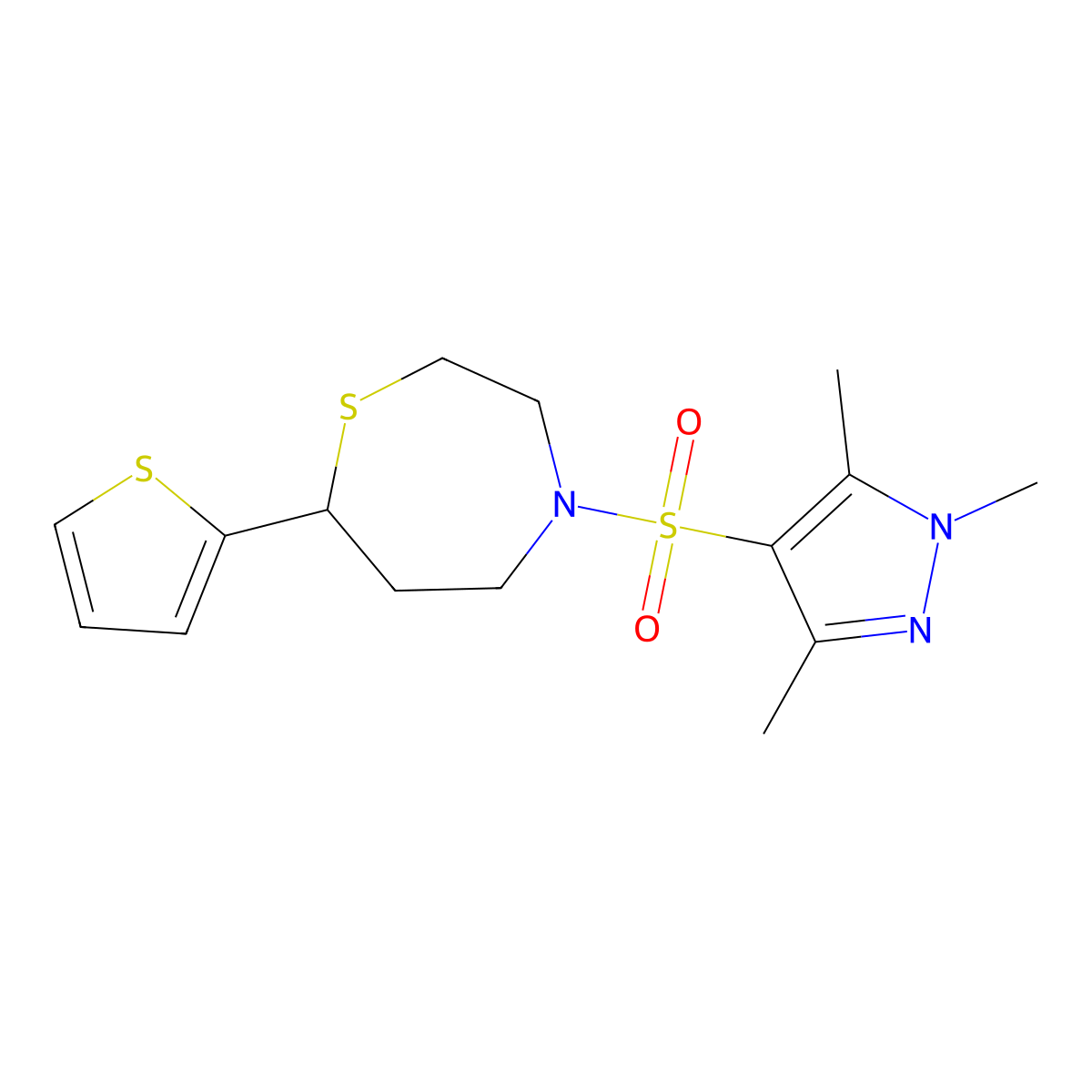 7-(thiophen-2-yl)-4-[(1,3,5-trimethyl-1H-pyrazol-4-yl)sulfonyl]-1,4-thiazepane molecular structure, CAS 1705247-58-0