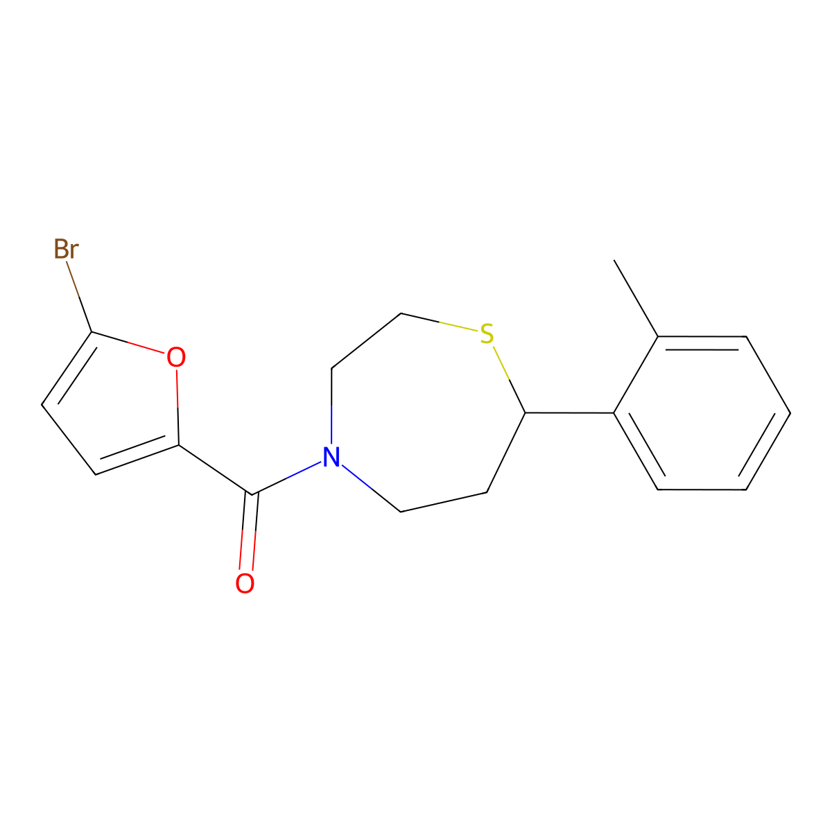 (5-Bromofuran-2-yl)(7-(o-tolyl)-1,4-thiazepan-4-yl)methanone molecular structure, CAS 1705250-24-3