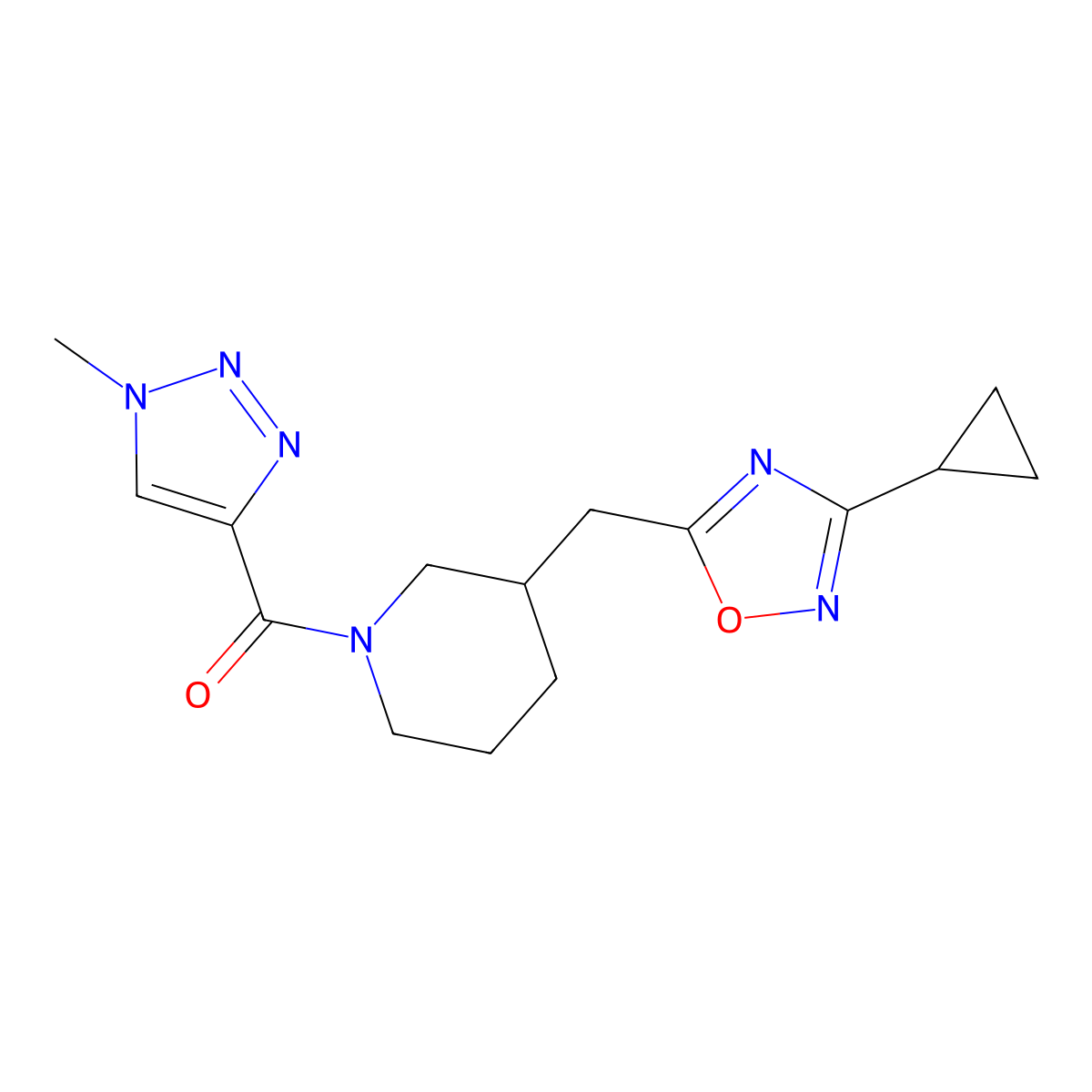 (3-((3-cyclopropyl-1,2,4-oxadiazol-5-yl)methyl)piperidin-1-yl)(1-methyl-1H-1,2,3-triazol-4-yl)methanone molecular structure, CAS 1705255-15-7