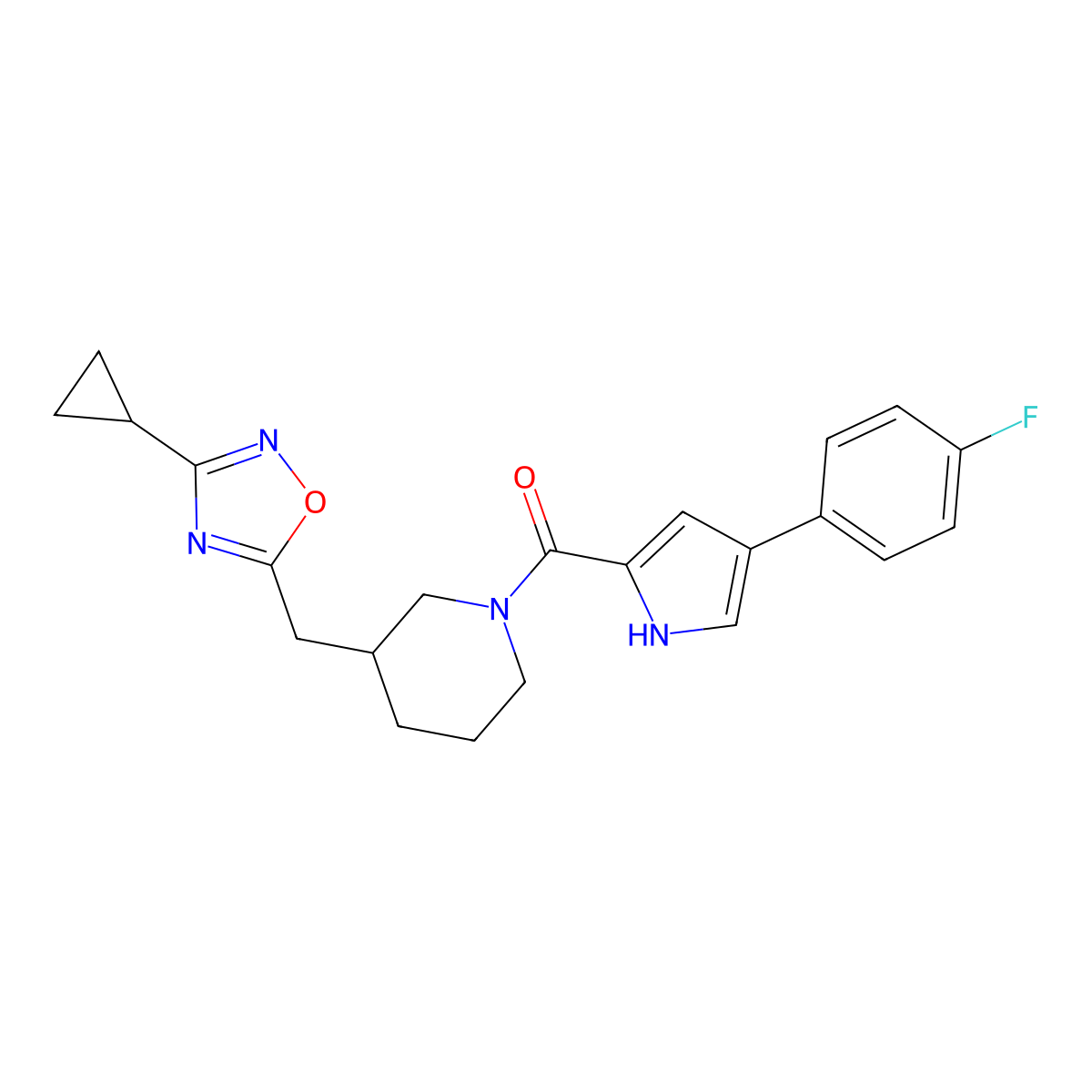 (3-((3-cyclopropyl-1,2,4-oxadiazol-5-yl)methyl)piperidin-1-yl)(4-(4-fluorophenyl)-1H-pyrrol-2-yl)methanone molecular structure, CAS 1705255-34-0
