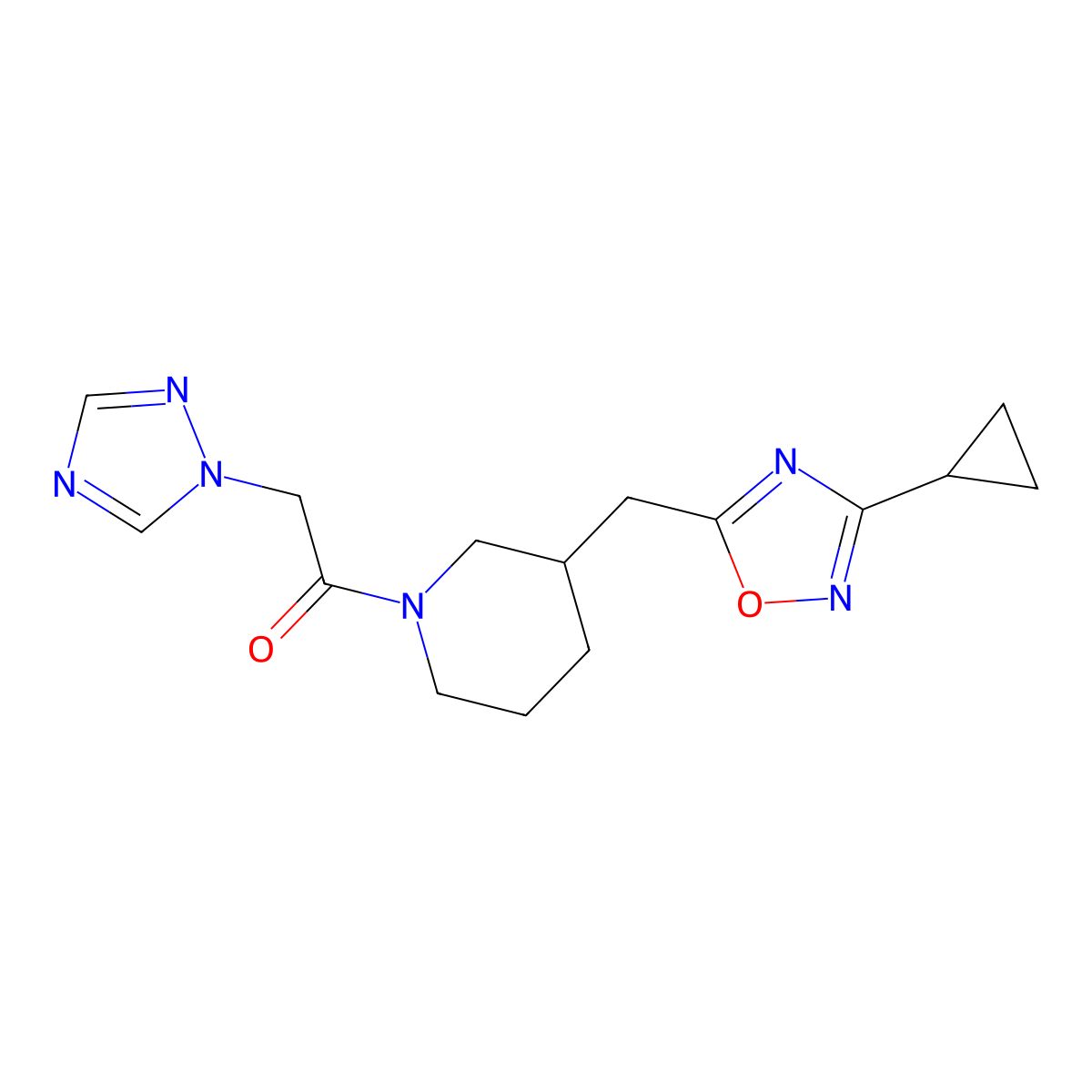 1-(3-((3-cyclopropyl-1,2,4-oxadiazol-5-yl)methyl)piperidin-1-yl)-2-(1H-1,2,4-triazol-1-yl)ethanone molecular structure, CAS 1705255-40-8
