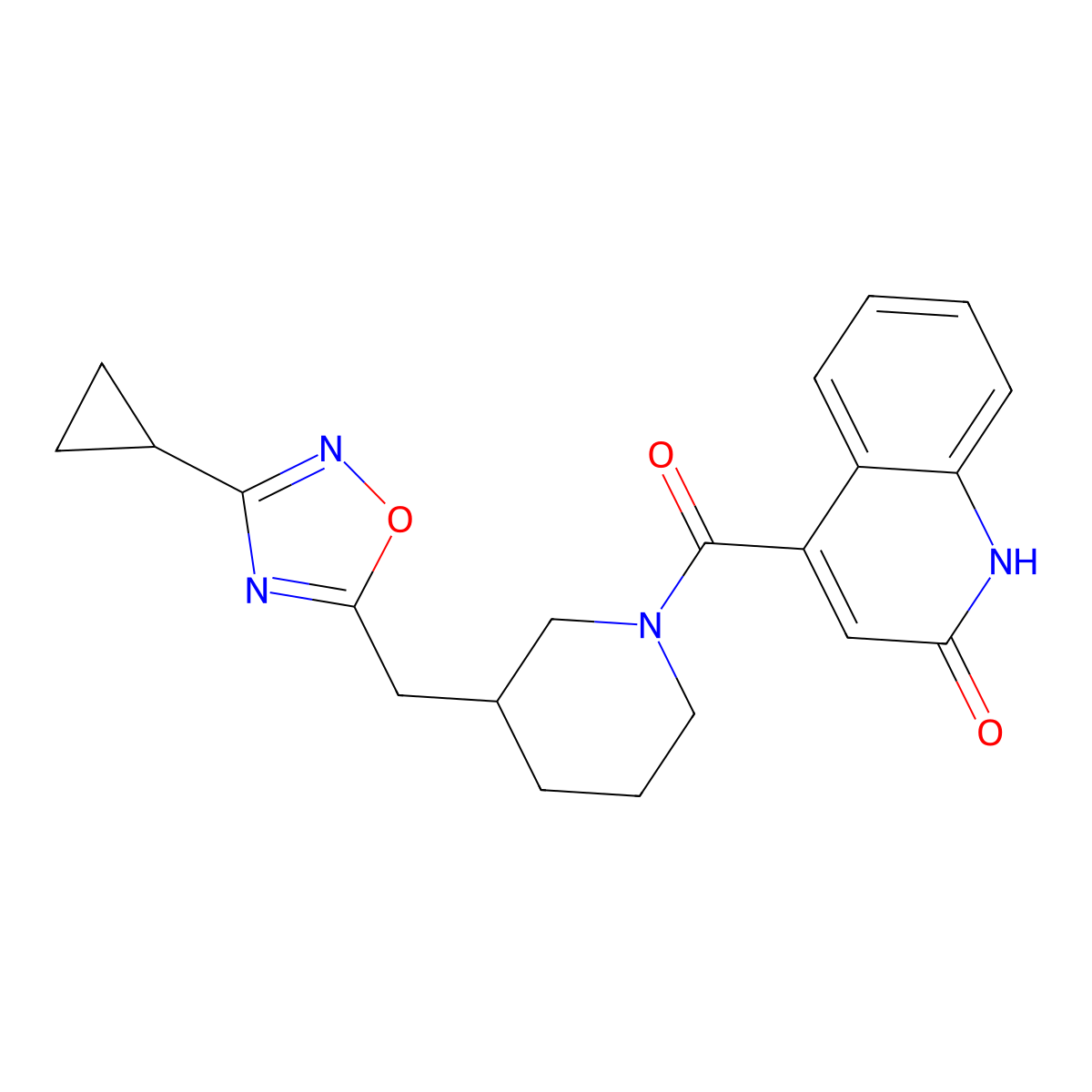 (3-((3-Cyclopropyl-1,2,4-oxadiazol-5-yl)methyl)piperidin-1-yl)(2-hydroxyquinolin-4-yl)methanone molecular structure, CAS 1705255-47-5