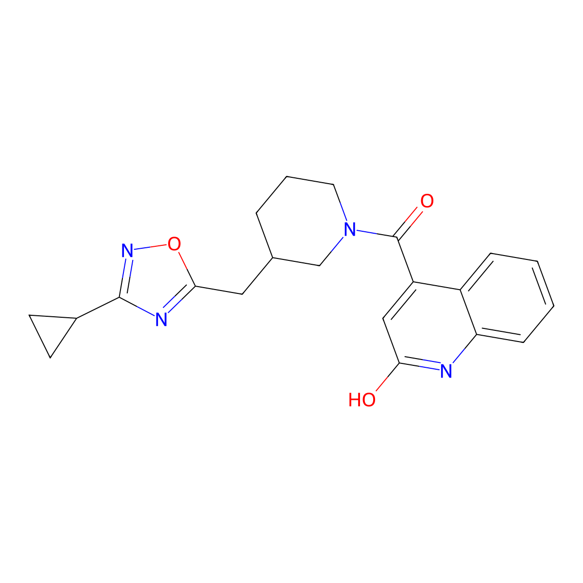 (3-((3-Cyclopropyl-1,2,4-oxadiazol-5-yl)methyl)piperidin-1-yl)(2-hydroxyquinolin-4-yl)methanone molecular structure, CAS 1705255-47-5