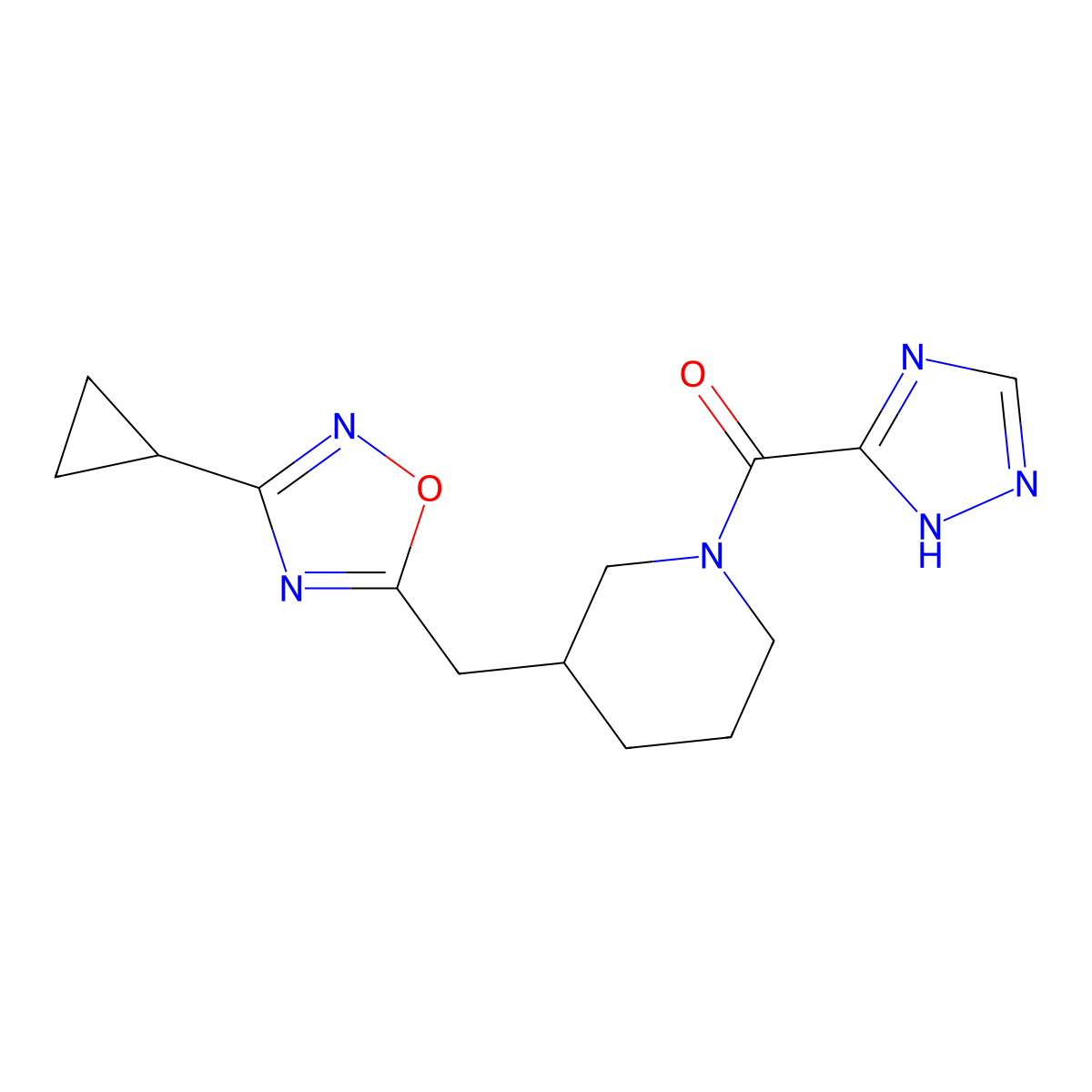 (3-((3-cyclopropyl-1,2,4-oxadiazol-5-yl)methyl)piperidin-1-yl)(1H-1,2,4-triazol-5-yl)methanone molecular structure, CAS 1705255-53-3
