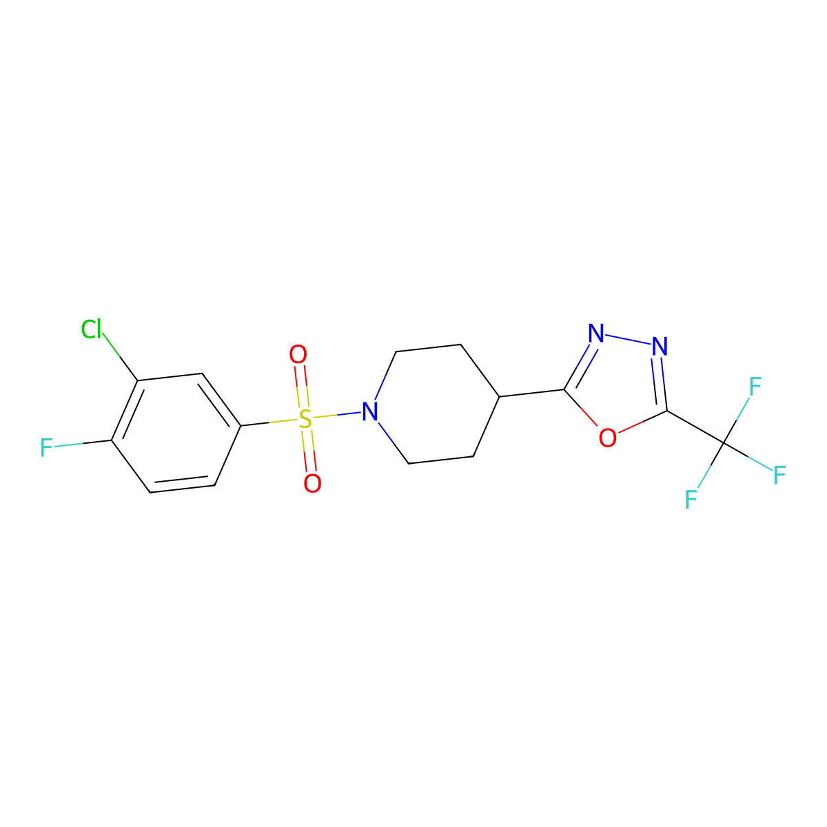 2-(1-((3-Chloro-4-fluorophenyl)sulfonyl)piperidin-4-yl)-5-(trifluoromethyl)-1,3,4-oxadiazole molecular structure, CAS 1705255-88-4