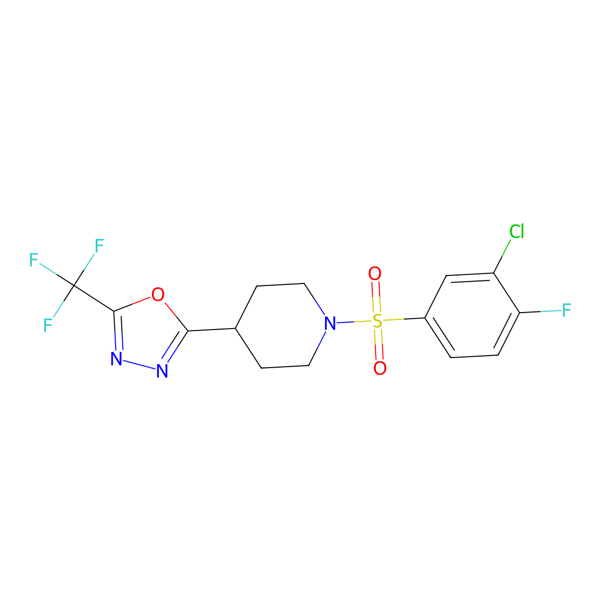 2-(1-((3-Chloro-4-fluorophenyl)sulfonyl)piperidin-4-yl)-5-(trifluoromethyl)-1,3,4-oxadiazole molecular structure, CAS 1705255-88-4