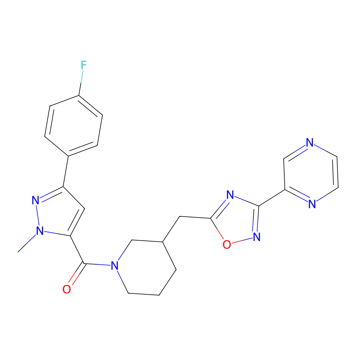 (3-(4-fluorophenyl)-1-methyl-1H-pyrazol-5-yl)(3-((3-(pyrazin-2-yl)-1,2,4-oxadiazol-5-yl)methyl)piperidin-1-yl)methanone molecular structure, CAS 1705256-09-2