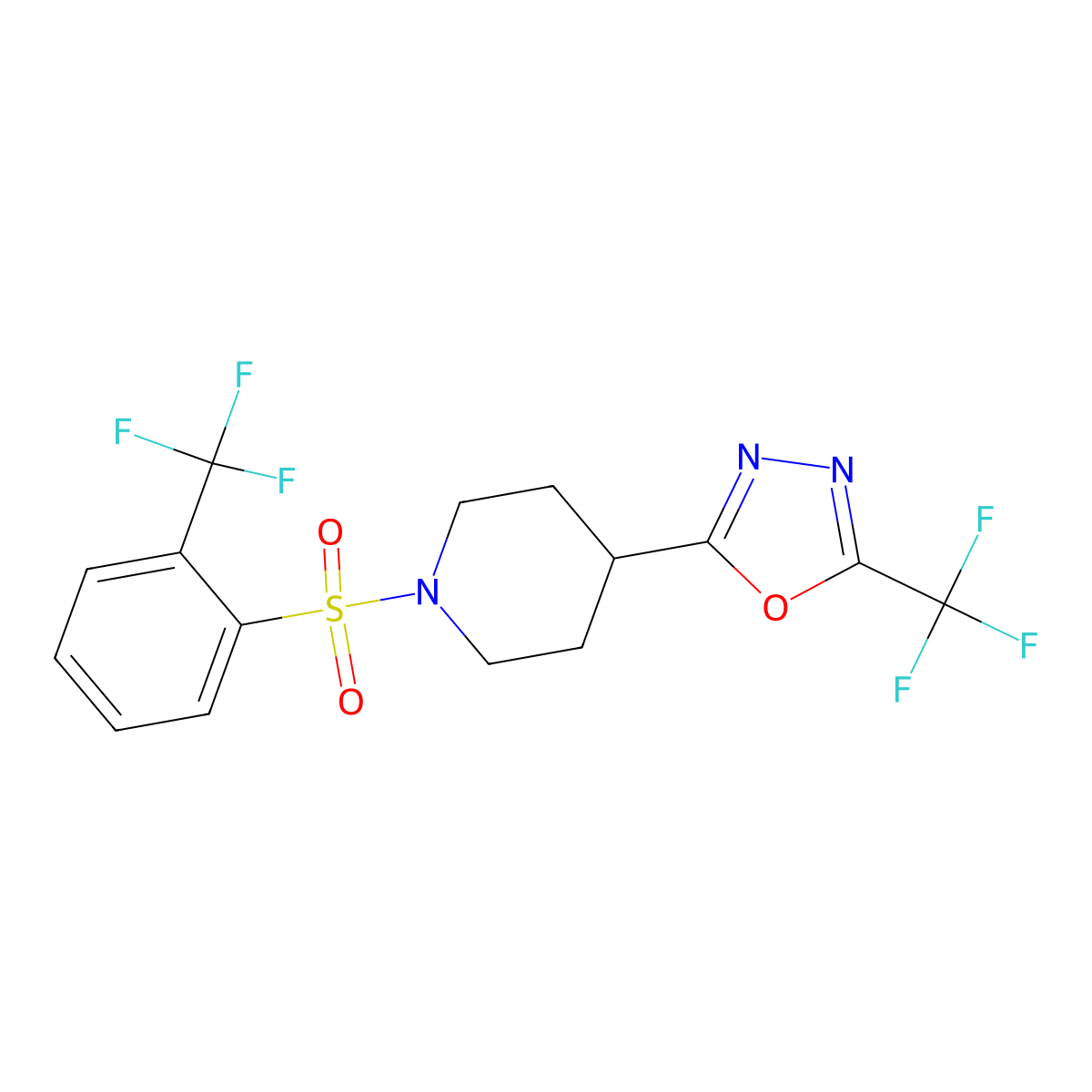 4-[5-(Trifluoromethyl)-1,3,4-oxadiazol-2-yl]-1-[2-(trifluoromethyl)benzenesulfonyl]piperidine molecular structure, CAS 1705256-16-1